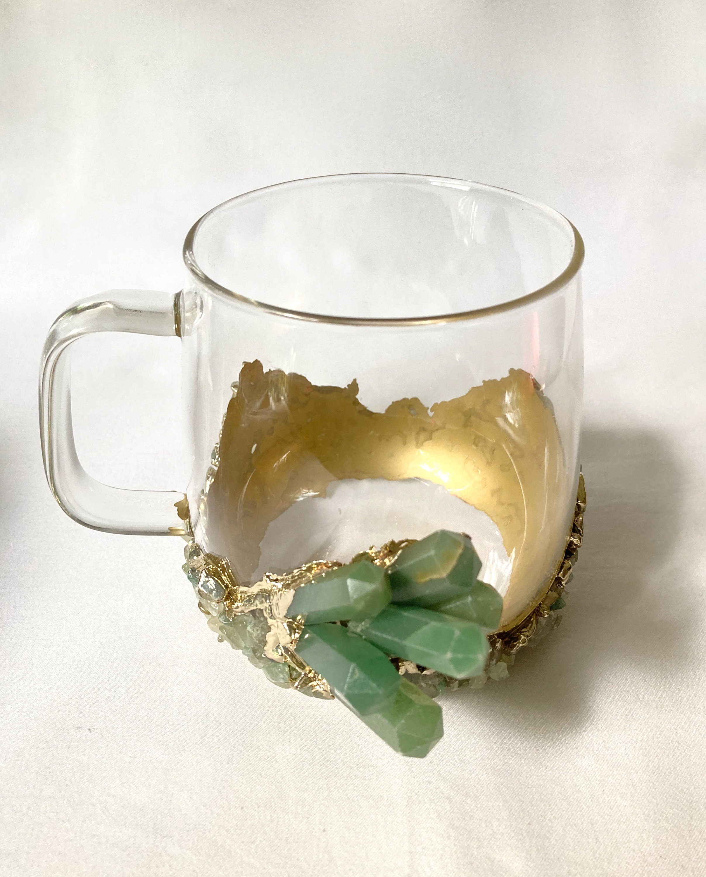 Set of 2 |Crystal Glass Coffee/Tea/Juice Mugs with Gold Plated Green Agate/Quartz Semi-precious Crystals | 17 oz/500 ml-0