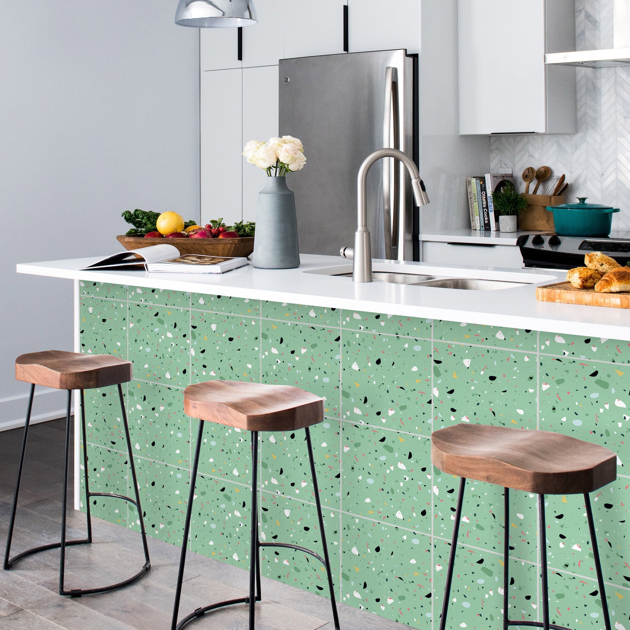 Green Terrazzo Tile Stickers, Peel & Stick, Tiles for Kitchen/Bathroom, Removable Vinyl, Peel n Stick, Pack of 10, SKU:GTTI-0