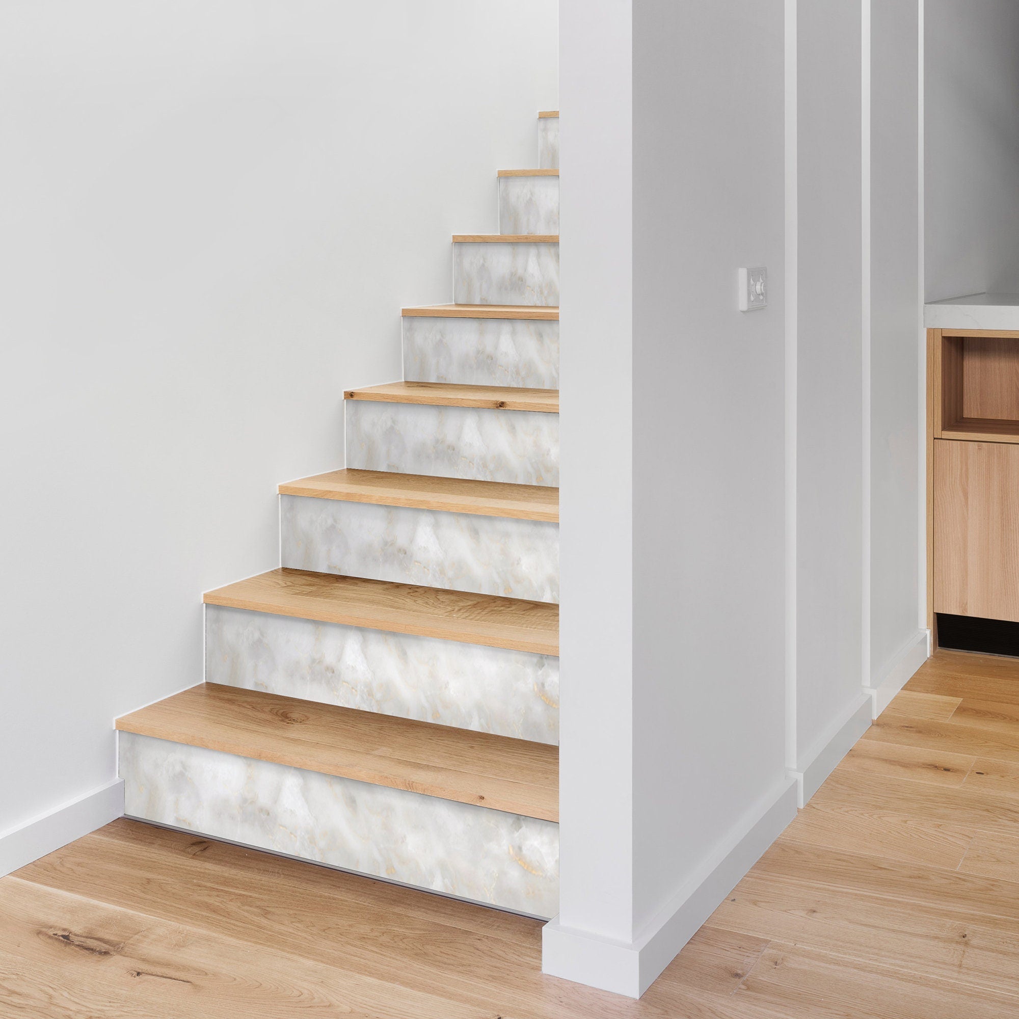 White Marble Stair Riser, Stickers Escalier, Vinyl Strips Removable, Self-adhesive, Pack of 10, SKU:FXWG-1