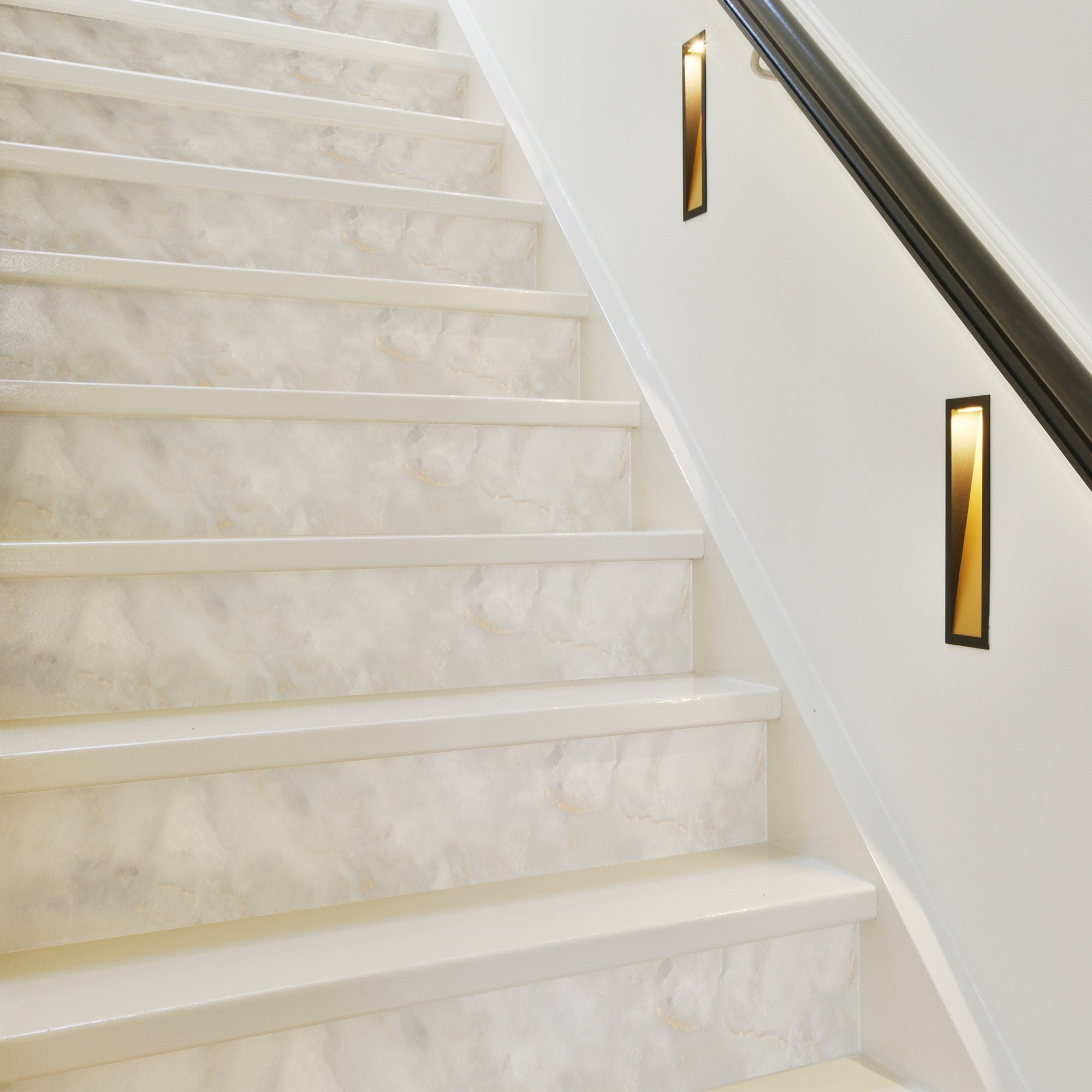 White Marble Stair Riser, Stickers Escalier, Vinyl Strips Removable, Self-adhesive, Pack of 10, SKU:FXWG-0