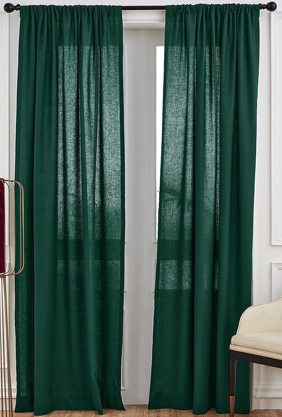 Dark Green - 100% Pure Linen Curtains | Cotton Linen Mix | Two Panels | 2" Rod Pocket | Semi Sheer-0