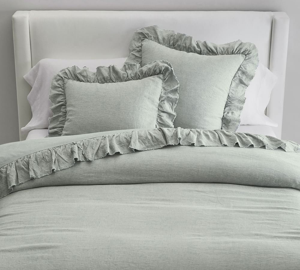 Sage Green - 100% Pure Linen | Linen Cotton Mix | 3 Piece Ruffle Duvet Cover Set | Handmade | Pre-washed | Soft-0