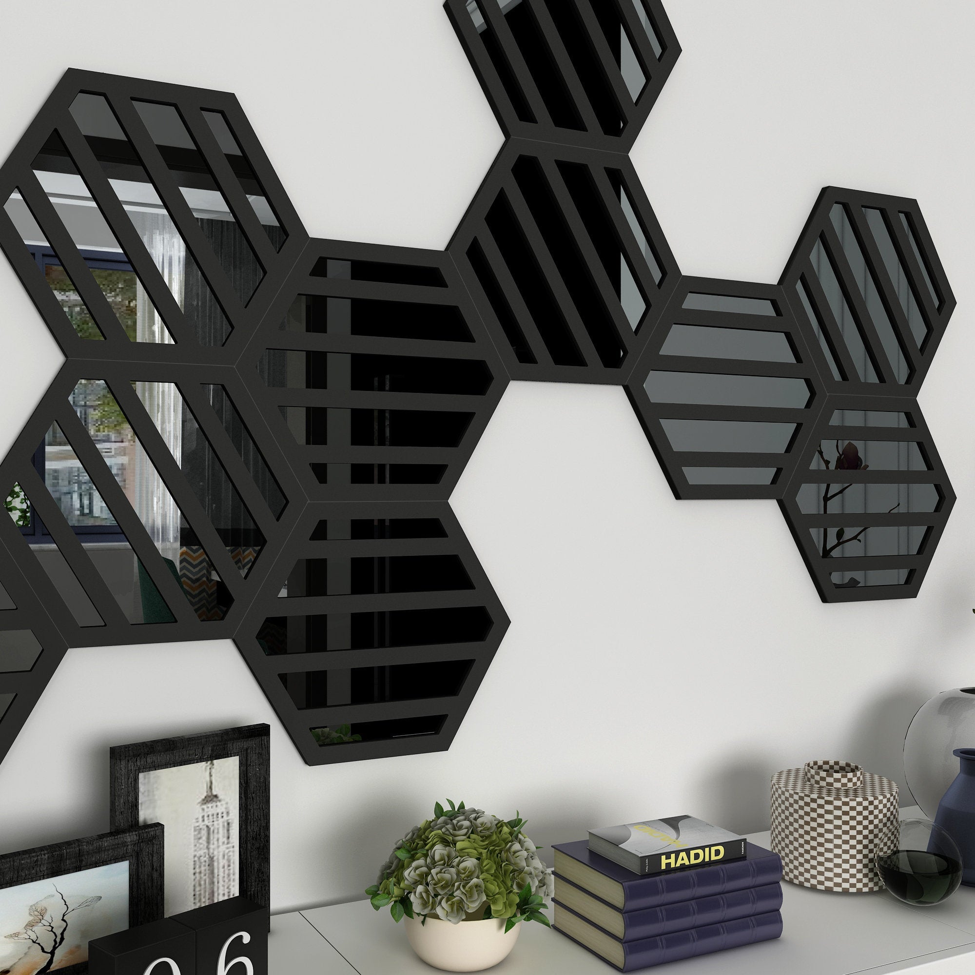 Hexagons PVC and Mirror Wall Panels, 3D Wall Decor, Decorative Wall Mirror, Honeycomb Decorative Wall Art, 9 Hexagons per Pack, SKU:HXSTR-2