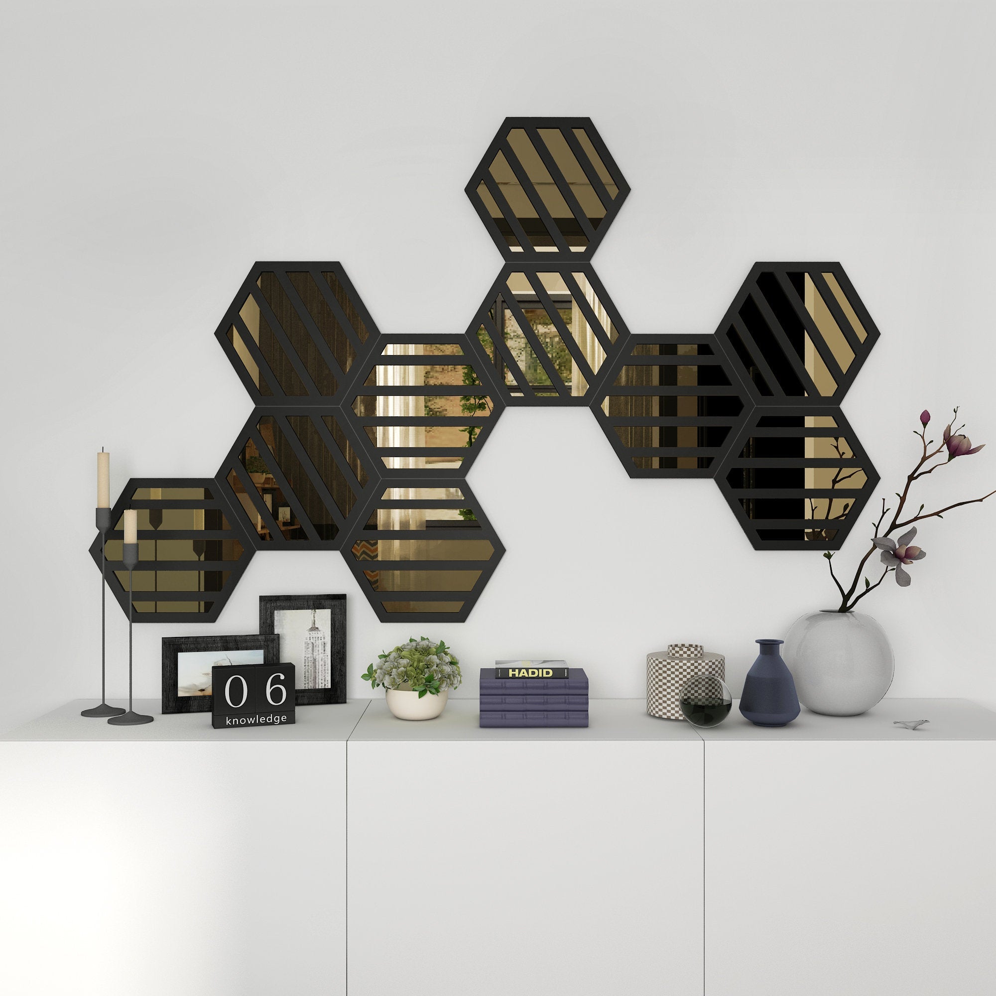 Hexagons PVC and Mirror Wall Panels, 3D Wall Decor, Decorative Wall Mirror, Honeycomb Decorative Wall Art, 9 Hexagons per Pack, SKU:HXSTR-1