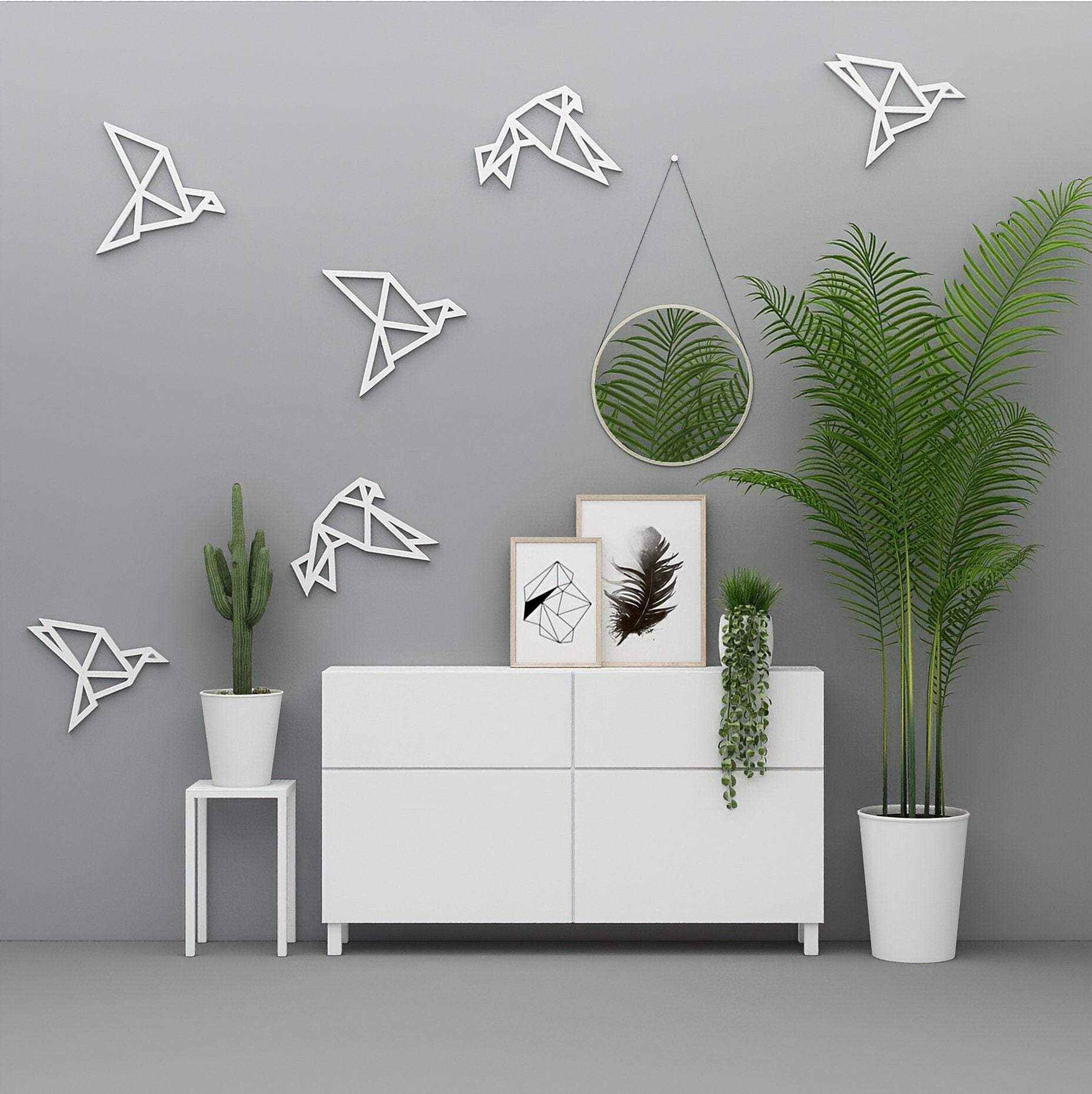 Origami birds for wall decor , black or white polygonal , Set of 6 Geometric Cranes , Wall Art for Office Home Decor Living Room - SKU:ORBI-1