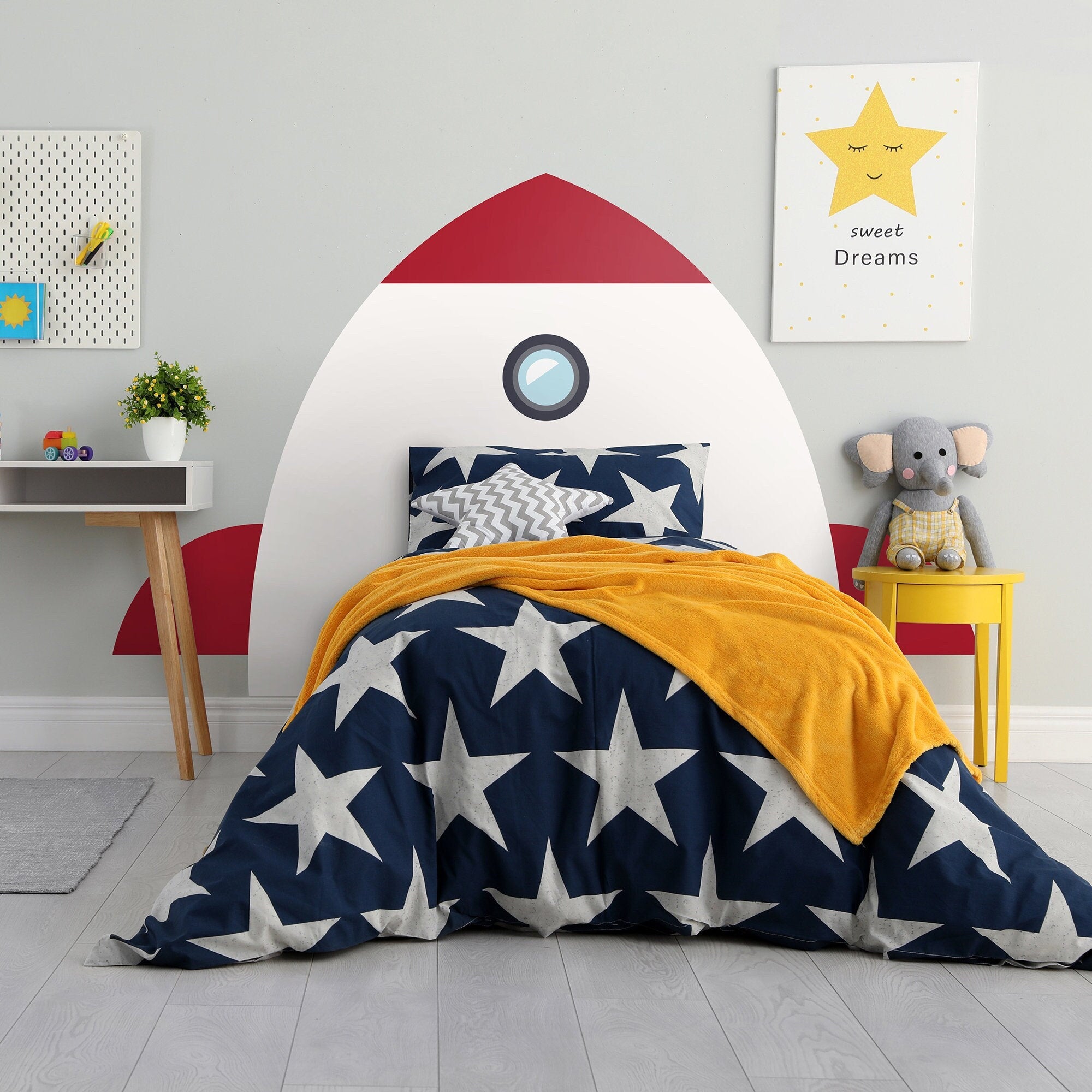 Rocket Ship Headboard Decal, Space Ship Astronaut Rocket, Outer Space Wall Decals, Boy Room Decor, Removable, SKU:ROKT-0