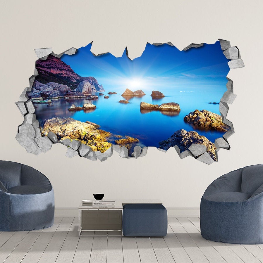 Rocky Sea - 3d Wall Art - Broken Wall - 3d Wall Stickers - Wall Sticker - Wall Decal - 3d Wallpaper - 3d wall decals -SKU: SLS3DW-1