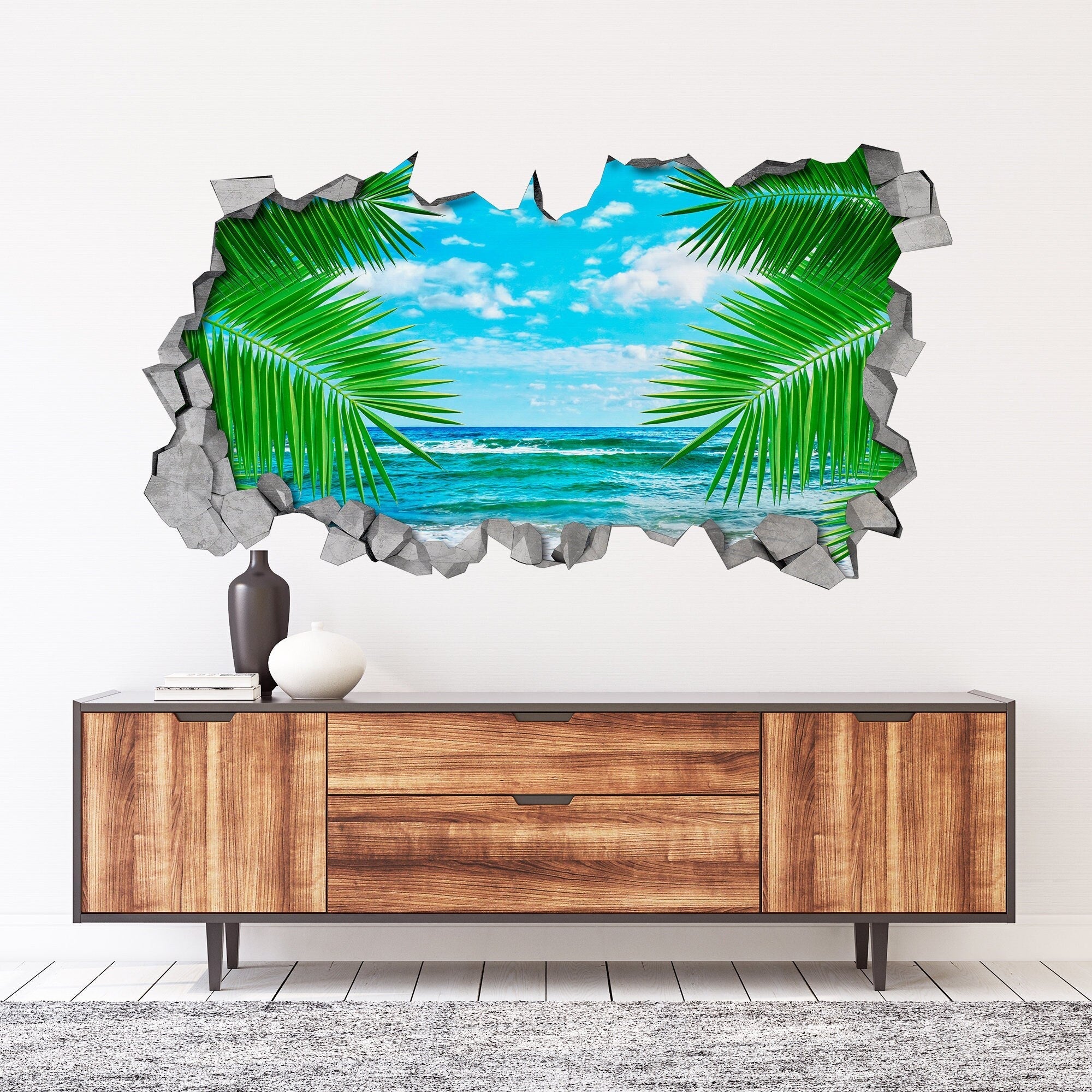 3d Wall Decals, Palm Leaf, 3d Wallpaper, Broken Wall Decal, 3d wall art, 3d Art, Wall Decal, Stickers, Decals, Wall art, Gifts - SKU:LESE3DW-0