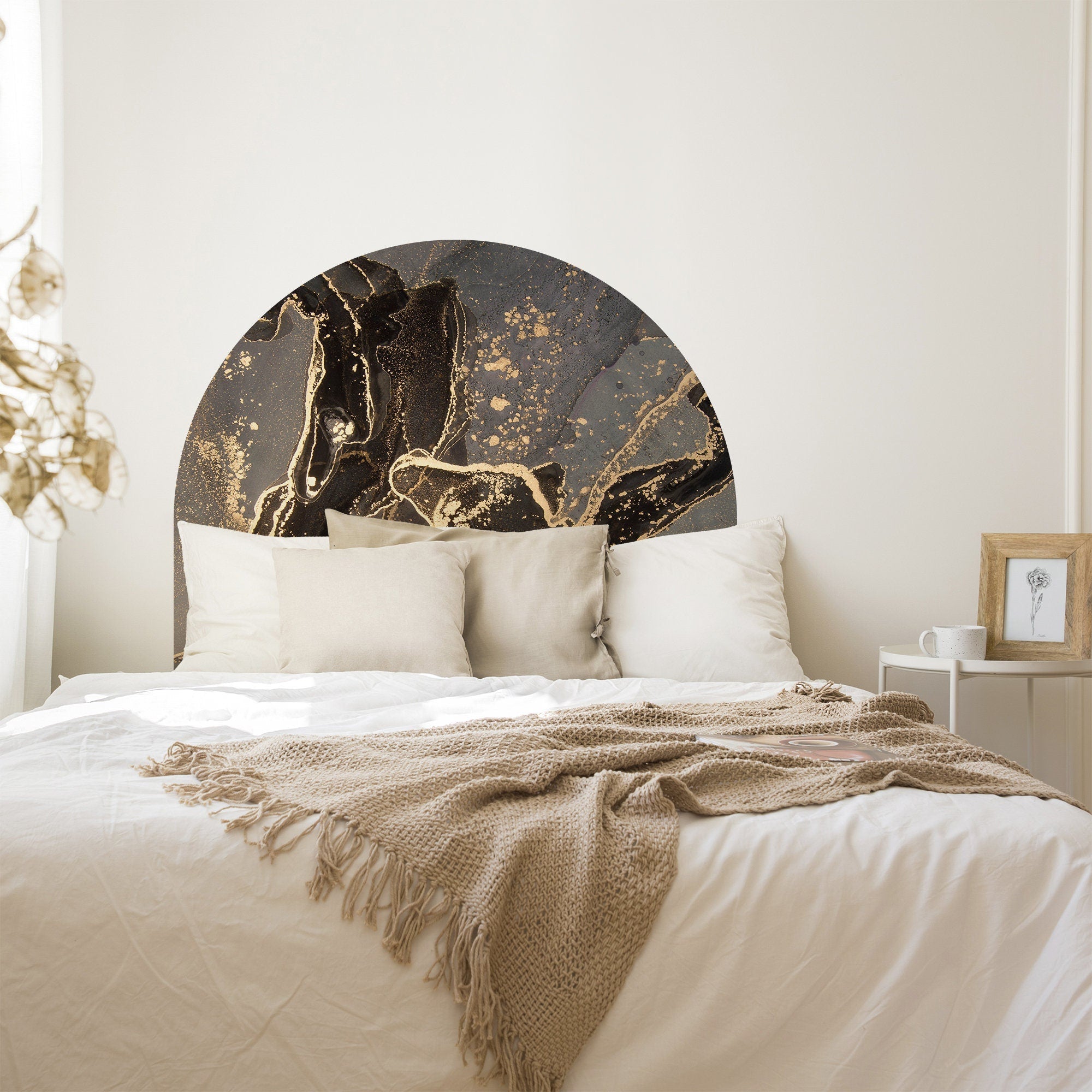 Arch Dark and Gold Abstract Wall Decal, Bed Size Arch Sticker, Shiny Gold & Black Marble, Peel and Stick, SKU:ACDG-1