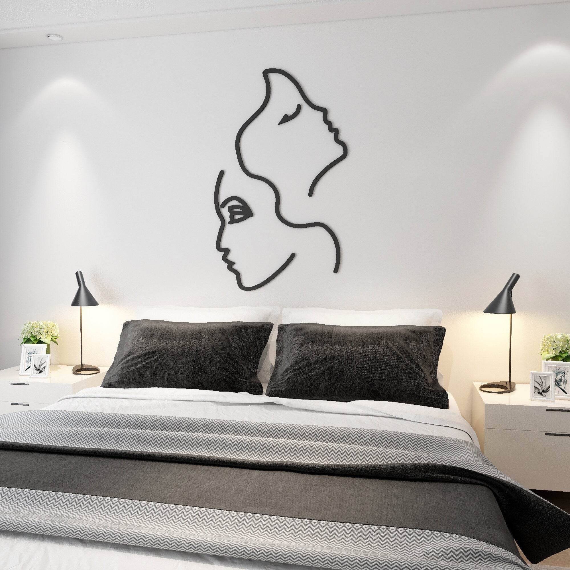 Two Faces Line Art, Love Line Art, Minimalist Geometric 3D Art, Bedroom Wall Decor Over The Bed, Wall Hangings, SKU:LATF-2