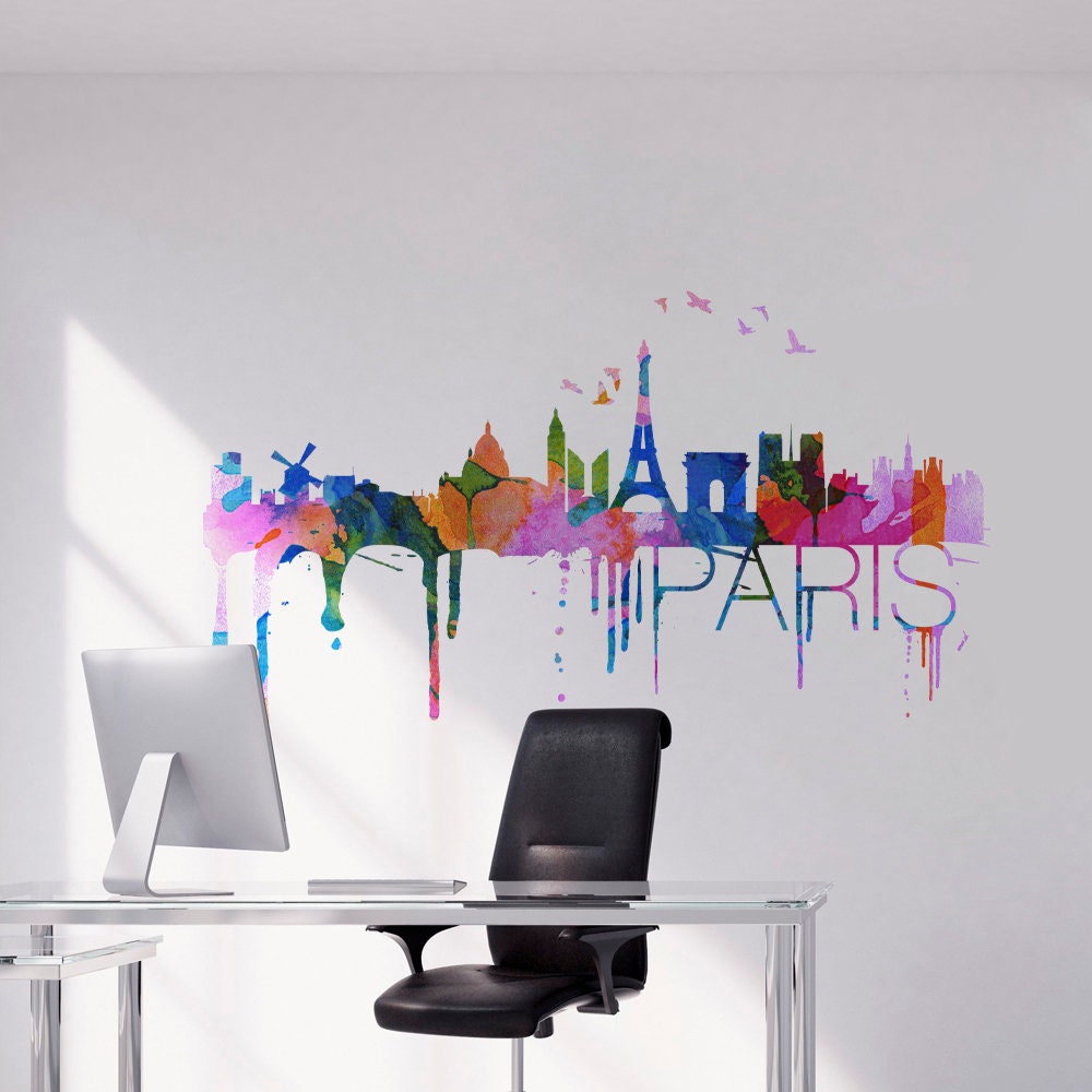 Paris City Skyline Watercolor Effect Sticker - Home Design - Watercolor Art - Wall Decals - SKU:PaSkWatSt-0