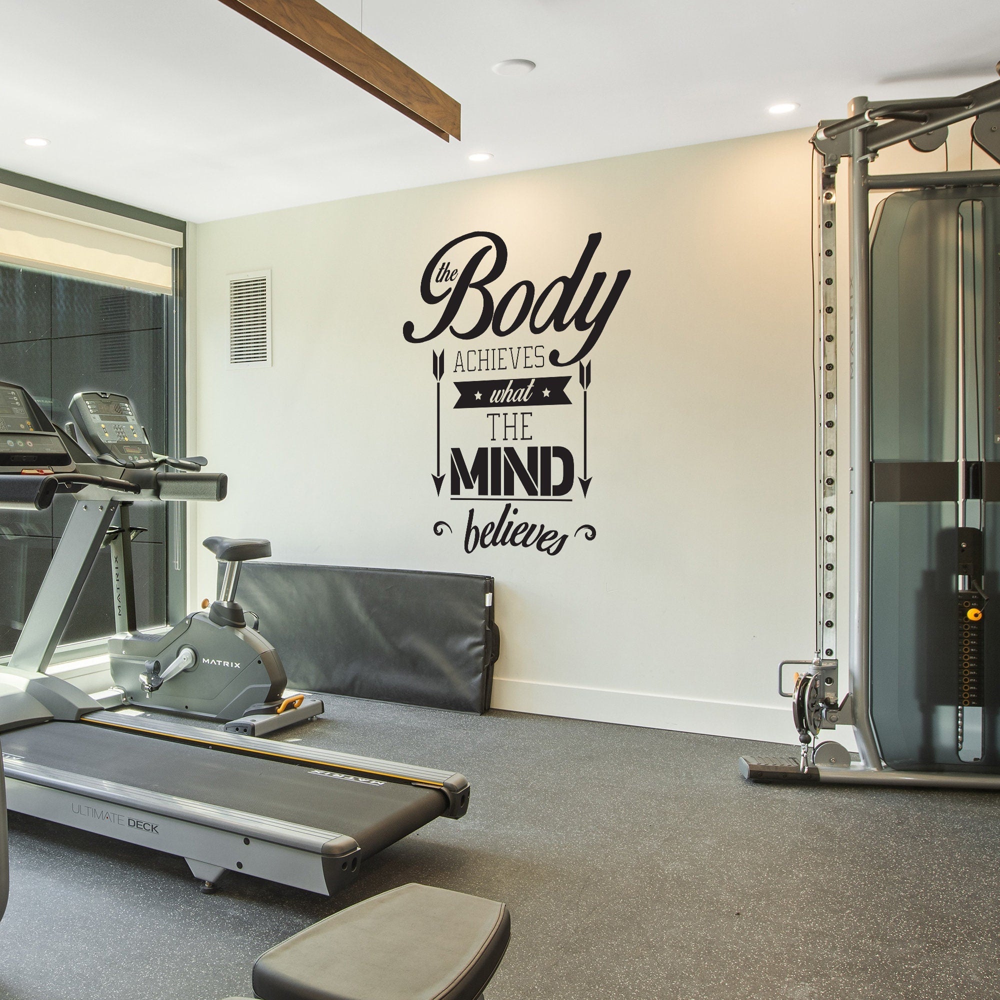 The Body Achieves what the Mind Believes Quote - Sports Decals - Gym Wall Decal - Workout Stickers - Fitness Stickers - SKU:BAMB-1