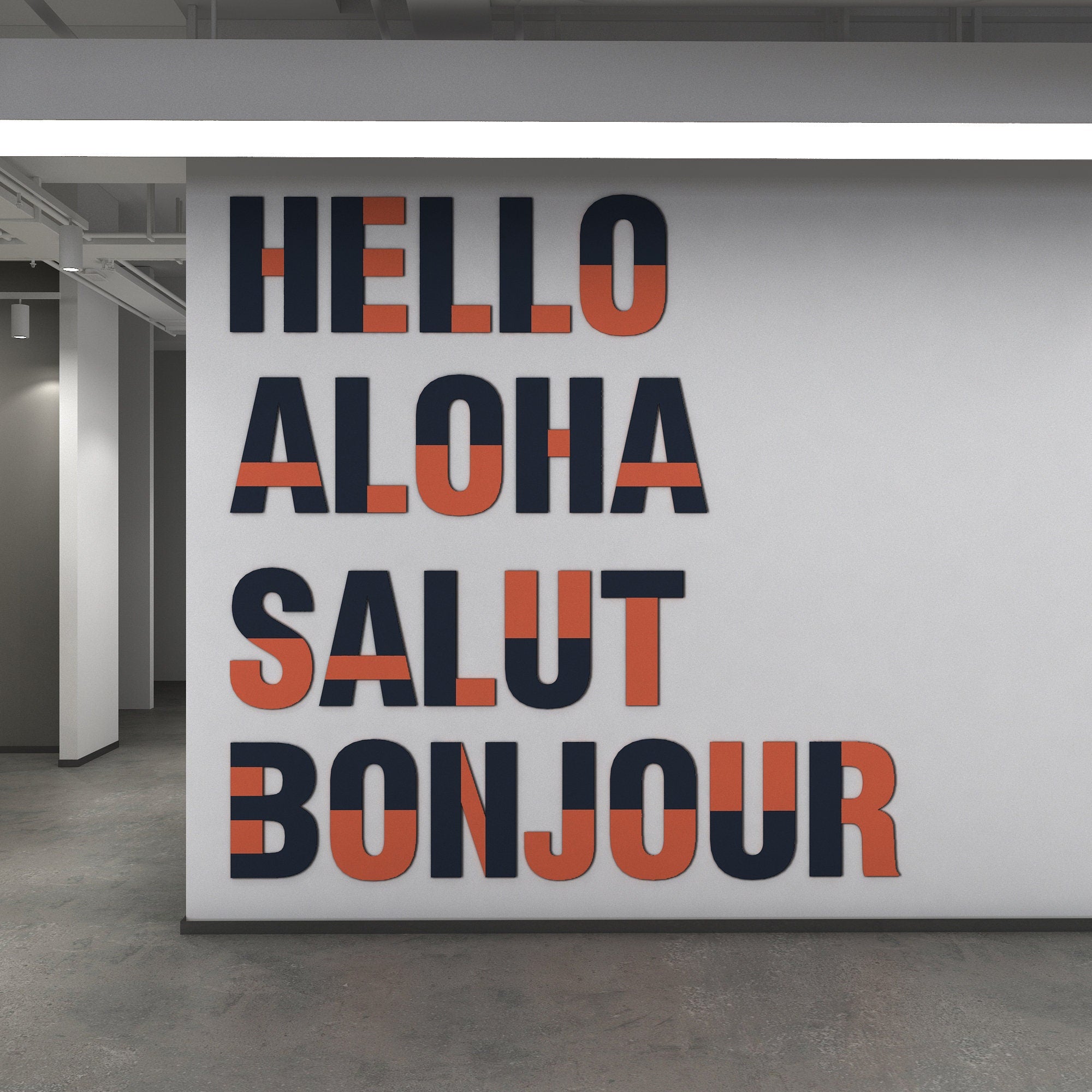 Hello, Aloha, Salut, Bonjour, Office Wall Art Decor, Large Office Lobby Signs, 3D Typography, SKU:HASB-2