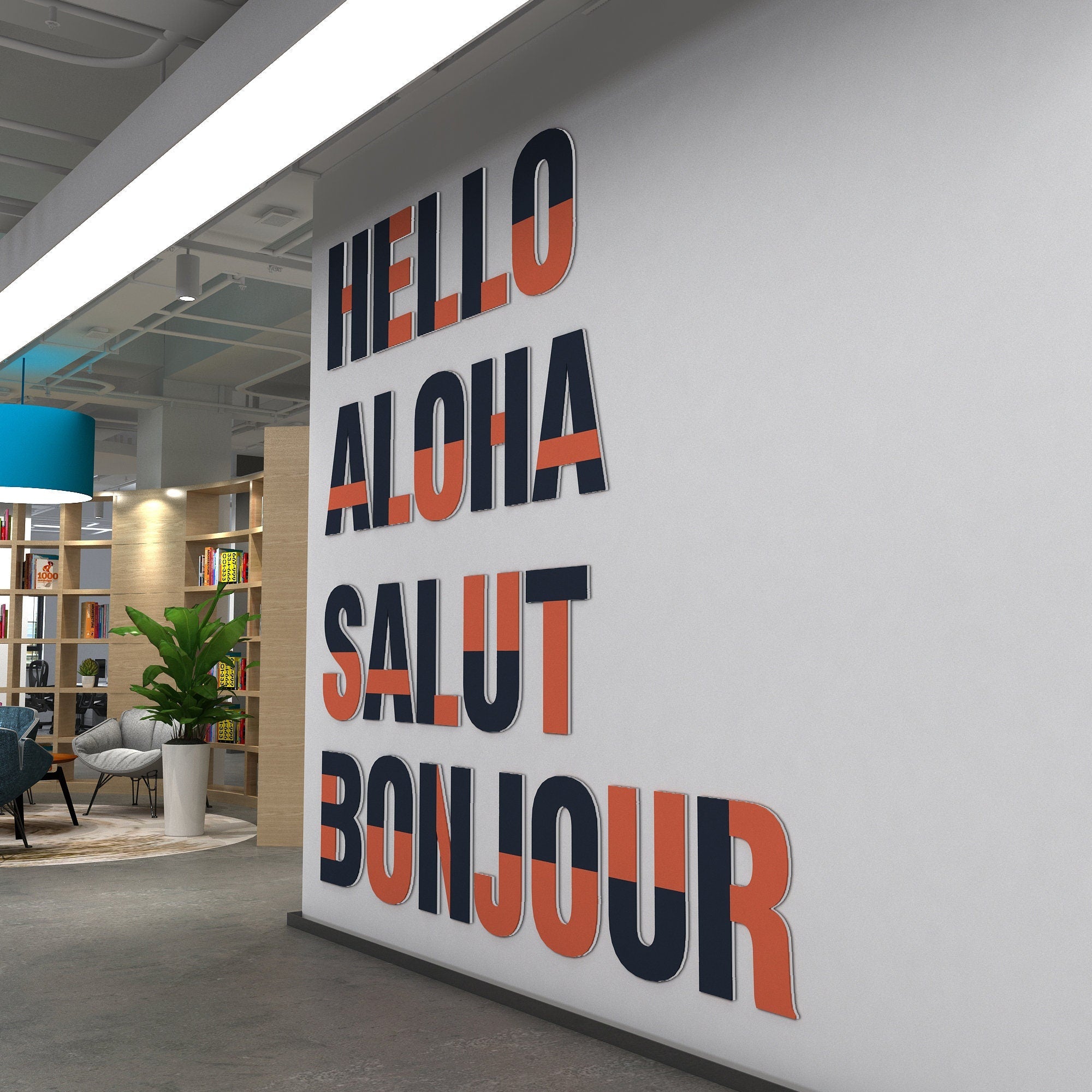 Hello, Aloha, Salut, Bonjour, Office Wall Art Decor, Large Office Lobby Signs, 3D Typography, SKU:HASB-3