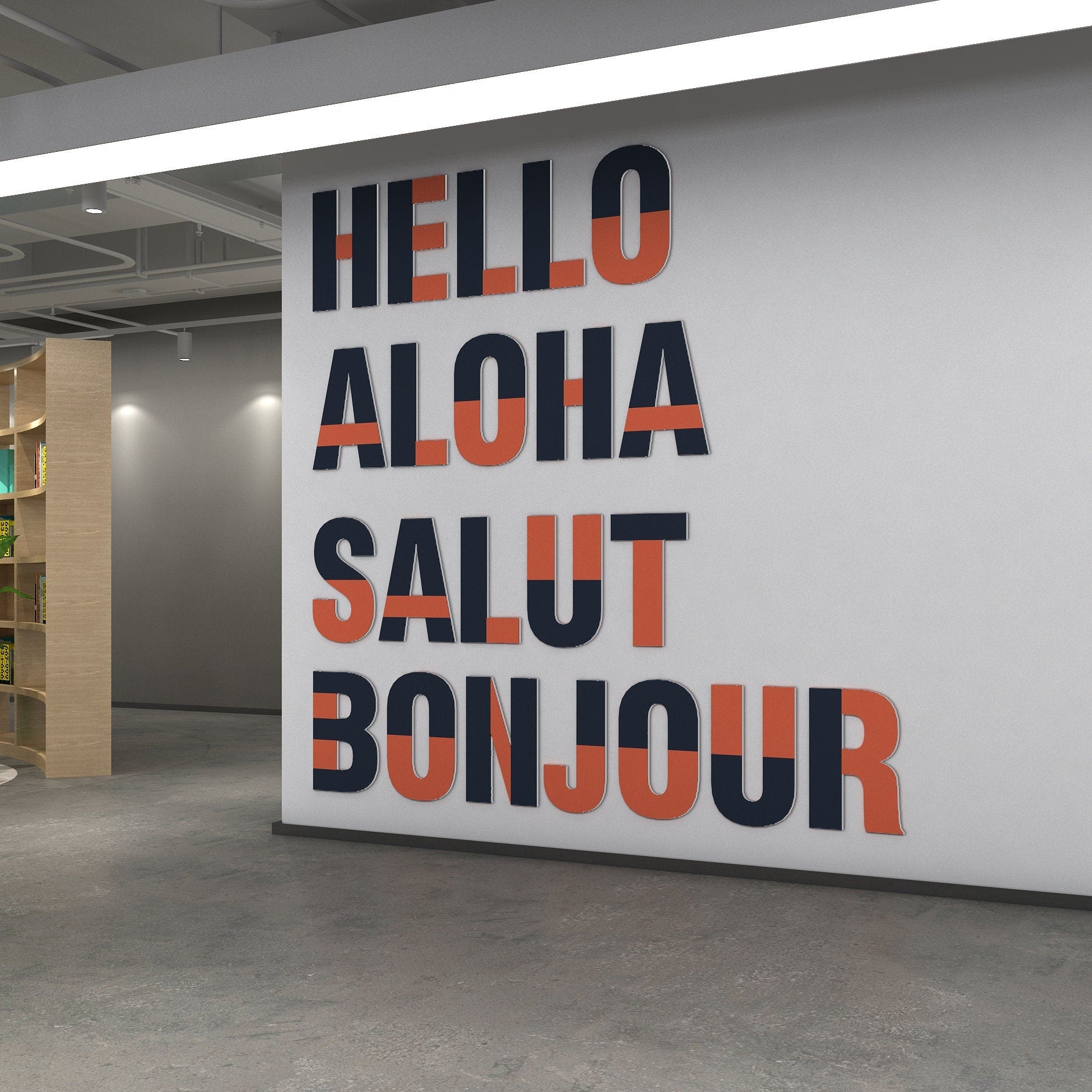 Hello, Aloha, Salut, Bonjour, Office Wall Art Decor, Large Office Lobby Signs, 3D Typography, SKU:HASB-0