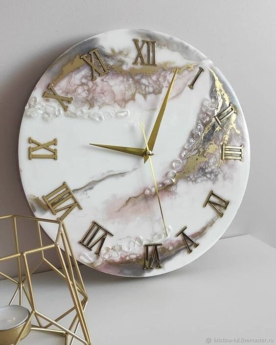 White Grey and Golden Abstract Epoxy Resin Wall Clock For Home Decor-0