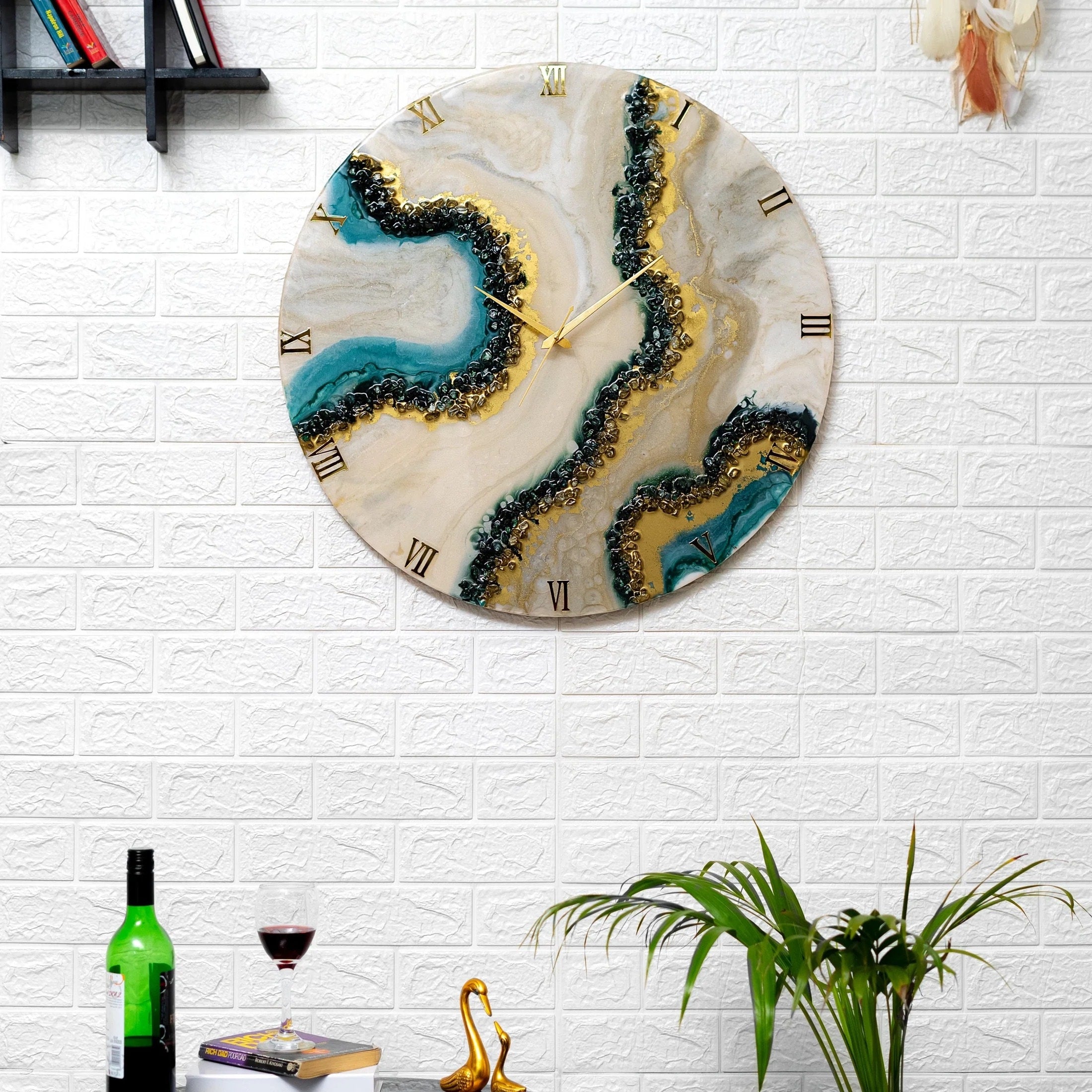 Blue And Golden Abstract Epoxy Resin Wall Clock For Home Decor-0