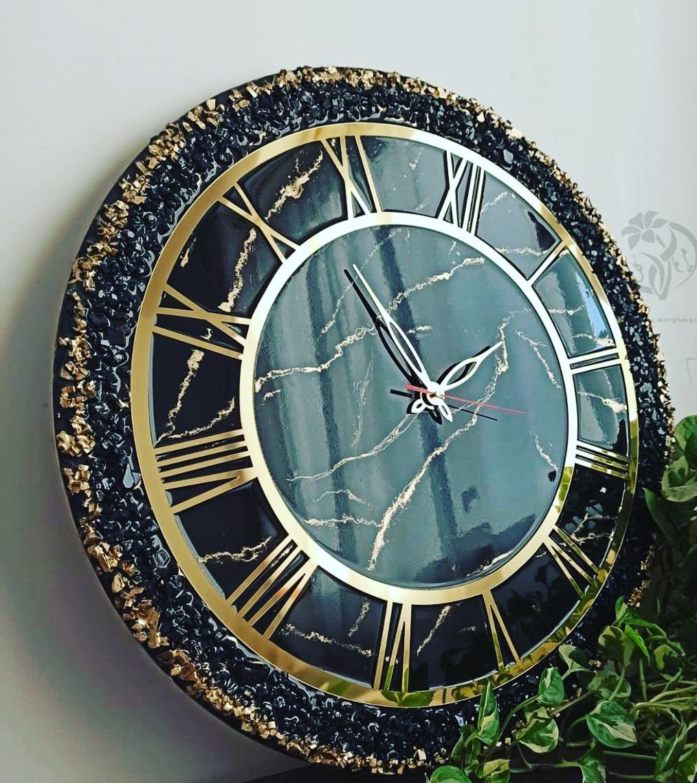 Dark Green And Golden Abstract Epoxy Resin Wall Clock For Home Decor-0