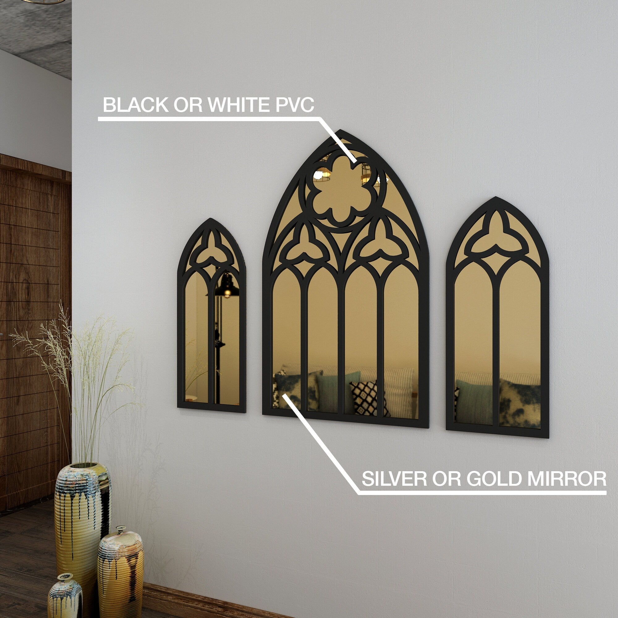 Gothic Windows Mirrors, Witchy Cathedral Arch Window, Decorative Mirror, Gold and Silver Mirror, 3D Art Mirror, SKU:GOTH-1