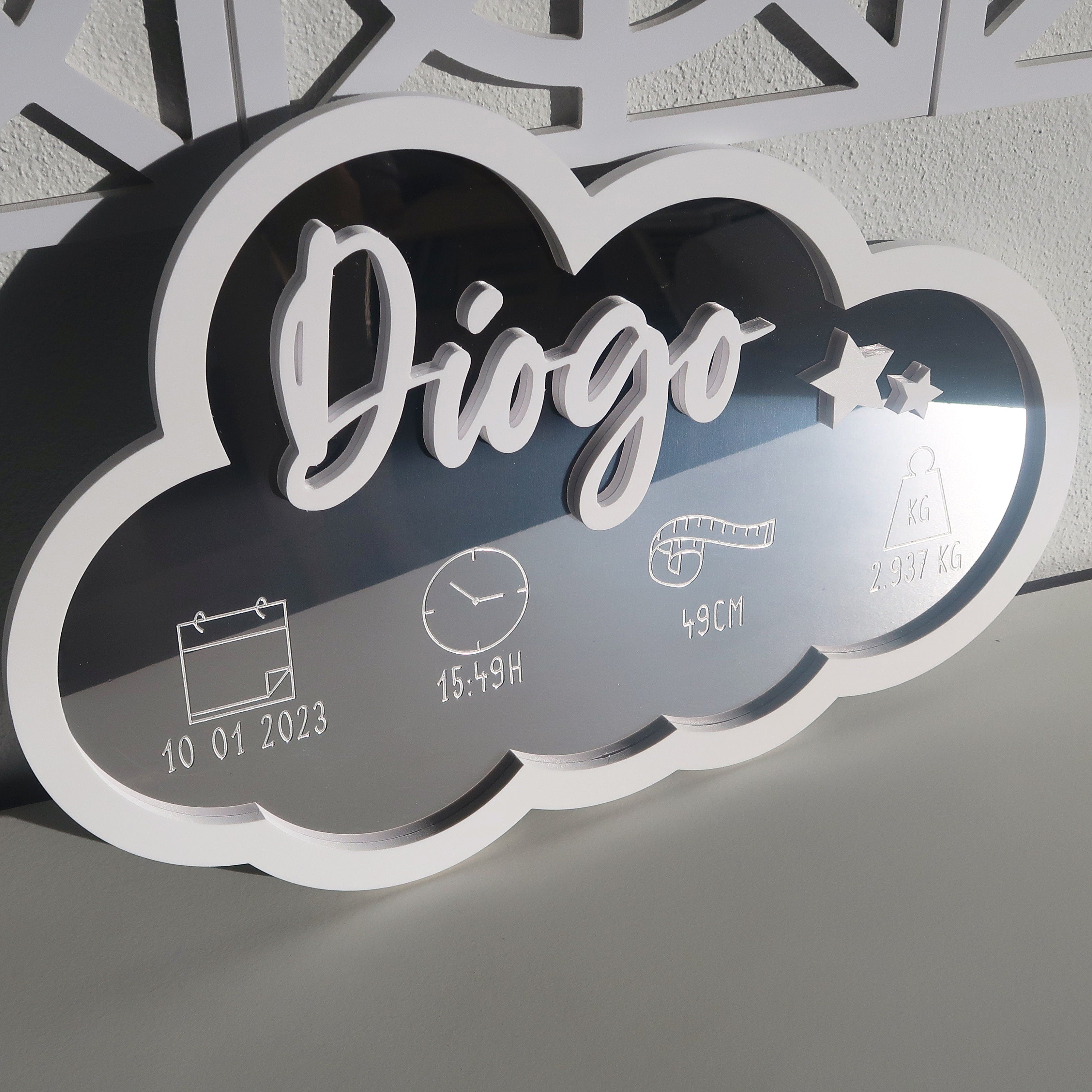 Personalized Sign Cloud Shaped Mirror, Birth Announcement Sign, Newborn Baby Nursery Name Sign, SKU:CUCL-1