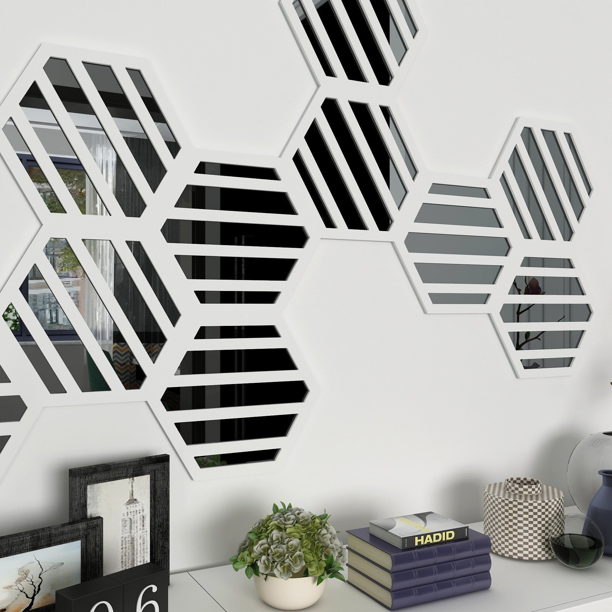 Hexagons PVC and Mirror Wall Panels, 3D Wall Decor, Decorative Wall Mirror, Honeycomb Decorative Wall Art, 9 Hexagons per Pack, SKU:HXSTR-0