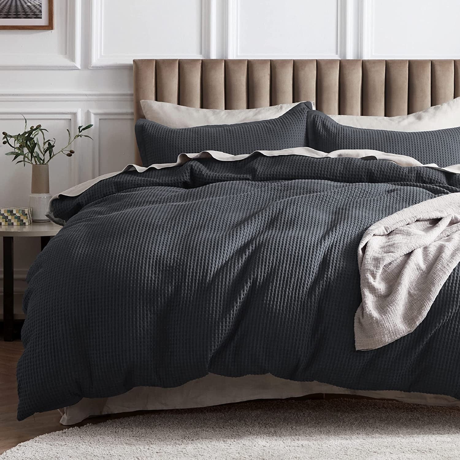 Charcoal Black - Waffle Weave | Pure Cotton, Pure Linen or Linen Cotton Mix | 3 Piece Duvet Cover Set | Handmade | Pre-washed | Soft-0