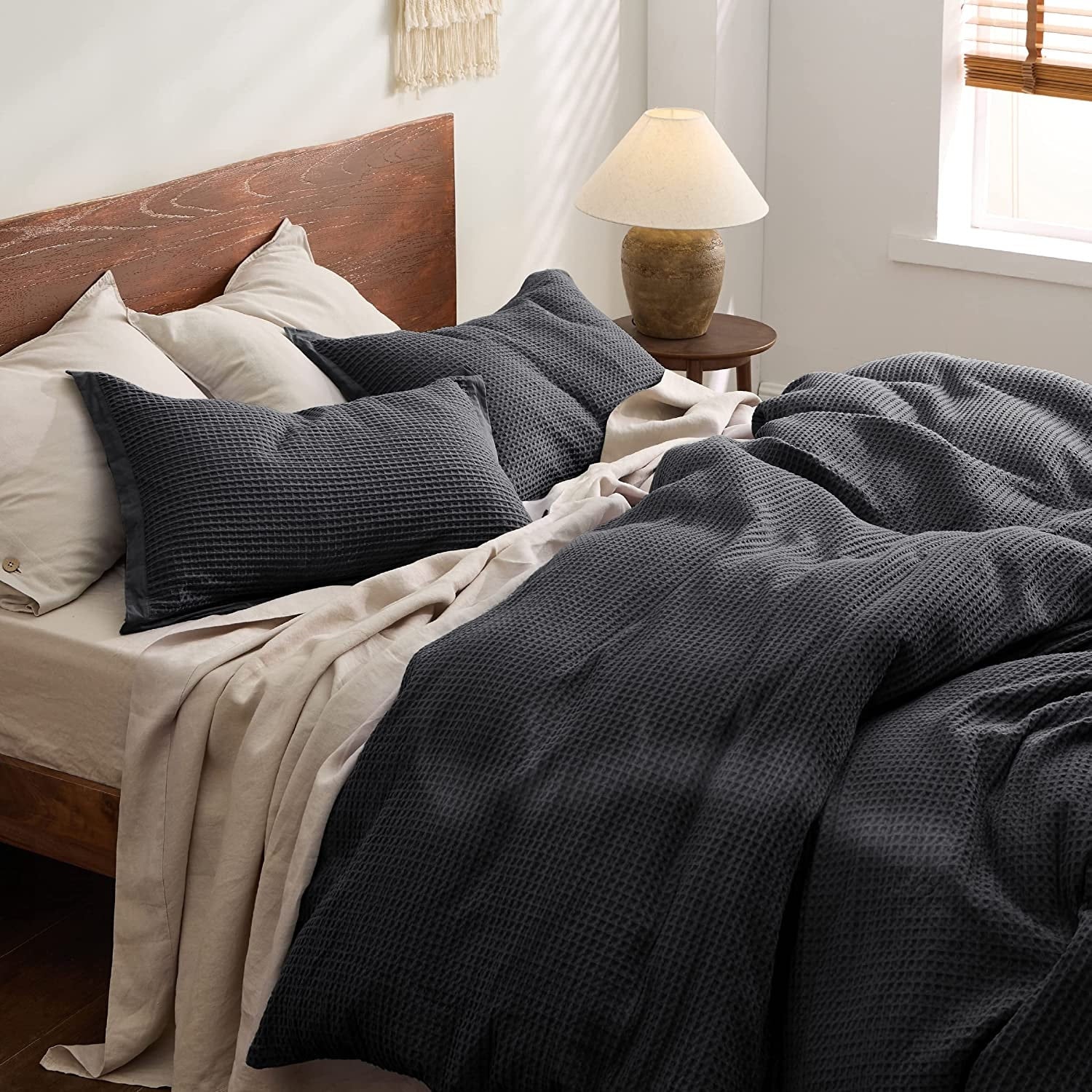 Charcoal Black - Waffle Weave | Pure Cotton, Pure Linen or Linen Cotton Mix | 3 Piece Duvet Cover Set | Handmade | Pre-washed | Soft-1