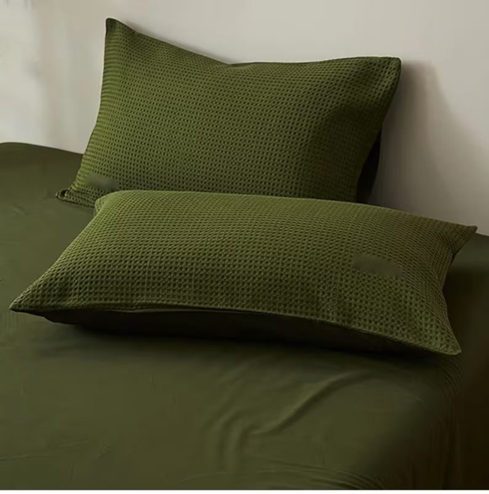 Moss Green - Waffle Weave | Pure Cotton, Pure Linen or Linen Cotton Mix | 3 Piece Duvet Cover Set | Handmade | Pre-washed | Soft-1