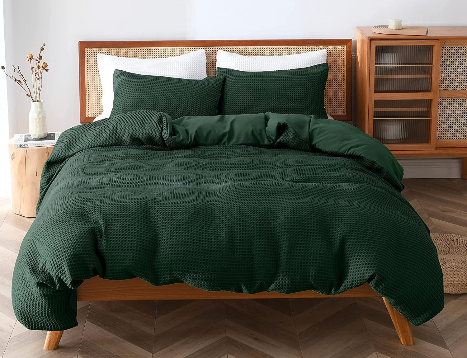 Dark Green - Waffle Weave | Pure Cotton, Pure Linen or Linen Cotton Mix | 3 Piece Duvet Cover Set | Handmade | Pre-washed | Soft-0