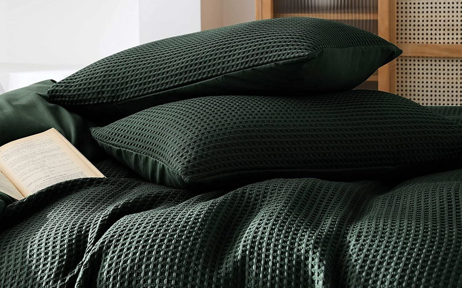 Dark Green - Waffle Weave | Pure Cotton, Pure Linen or Linen Cotton Mix | 3 Piece Duvet Cover Set | Handmade | Pre-washed | Soft-2