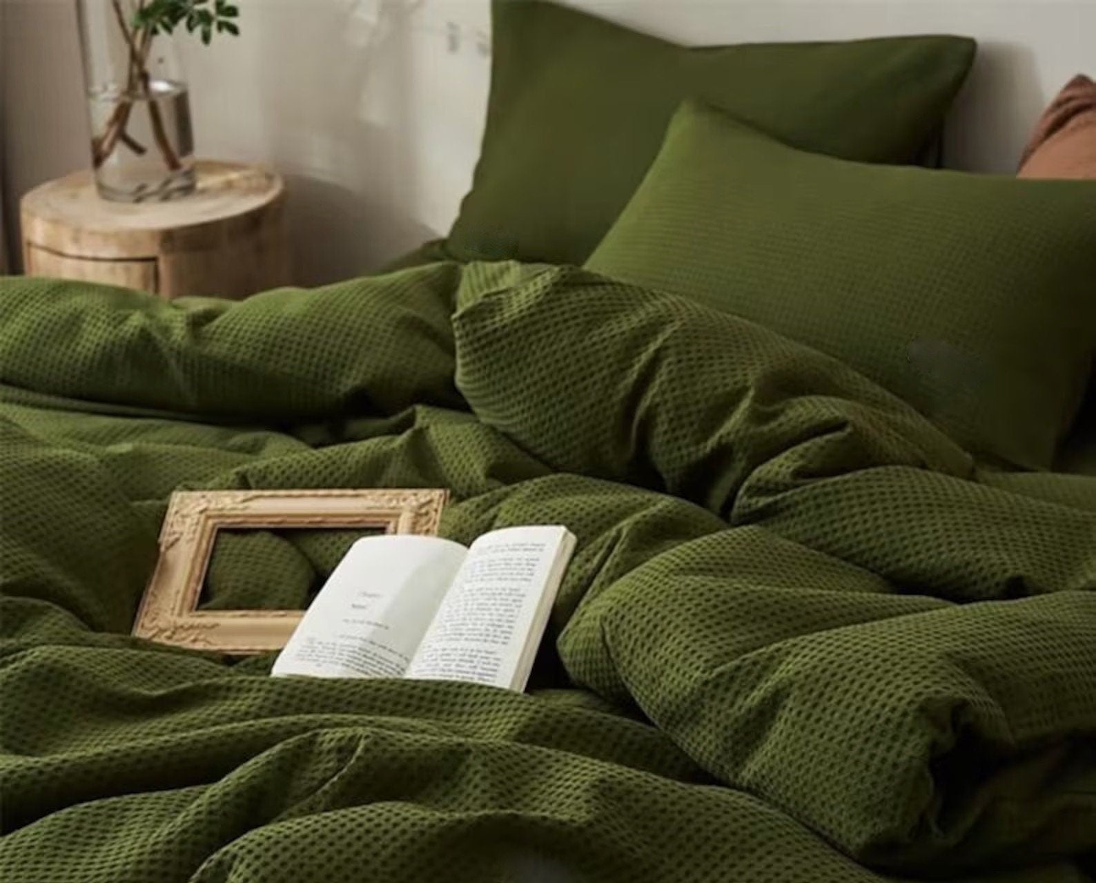 Moss Green - Waffle Weave | Pure Cotton, Pure Linen or Linen Cotton Mix | 3 Piece Duvet Cover Set | Handmade | Pre-washed | Soft-3