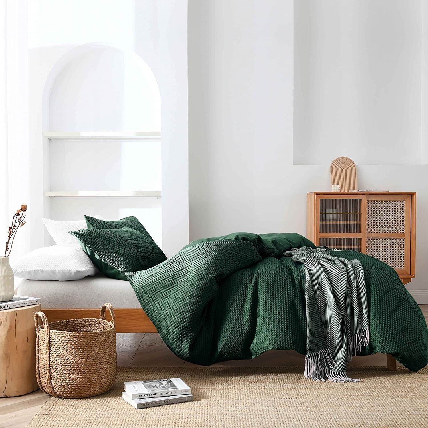 Dark Green - Waffle Weave | Pure Cotton, Pure Linen or Linen Cotton Mix | 3 Piece Duvet Cover Set | Handmade | Pre-washed | Soft-1