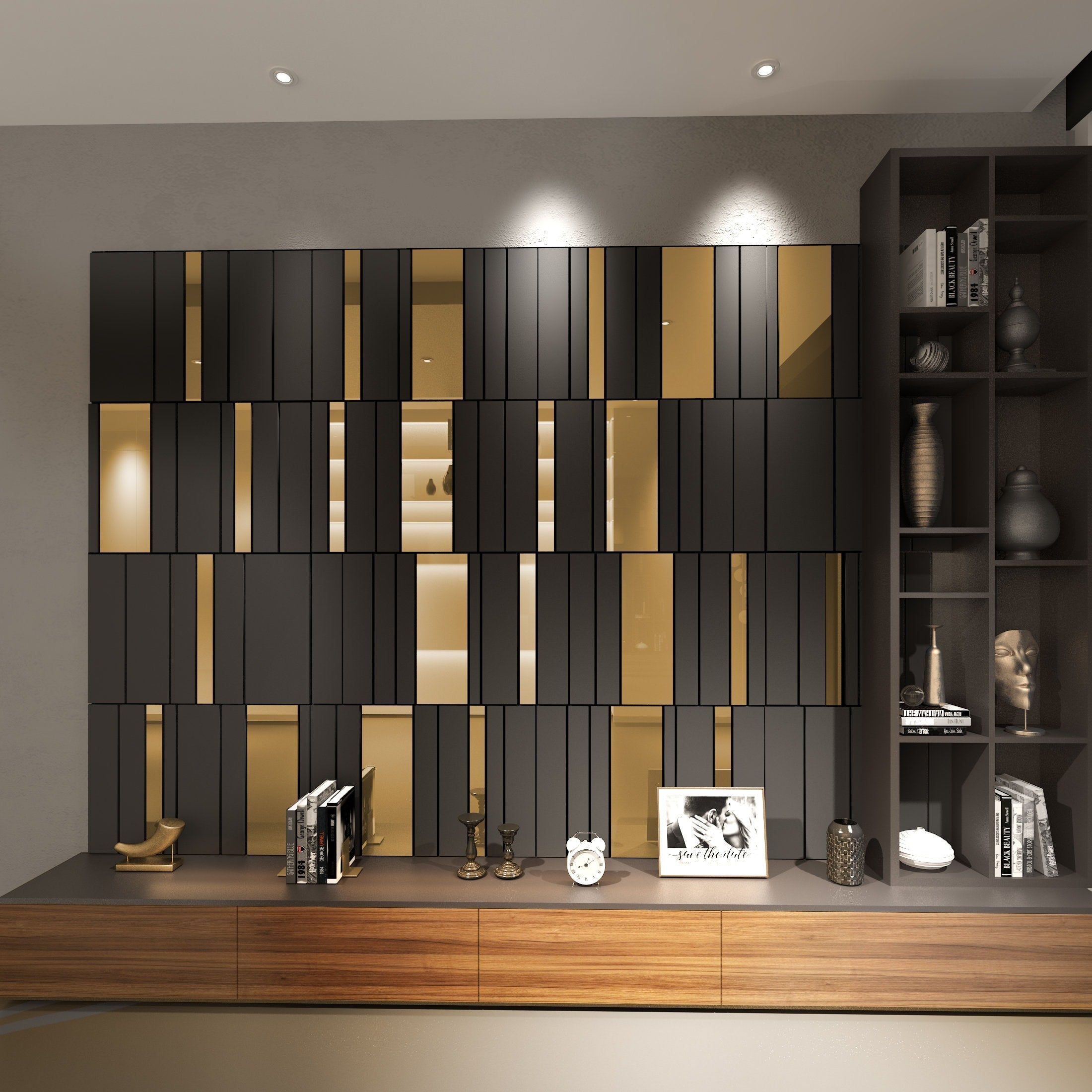 Dark Grey and Gold Mirror Decorative Panels, 3D Wall Panels, Easy Installation, SKU:GGSS-4