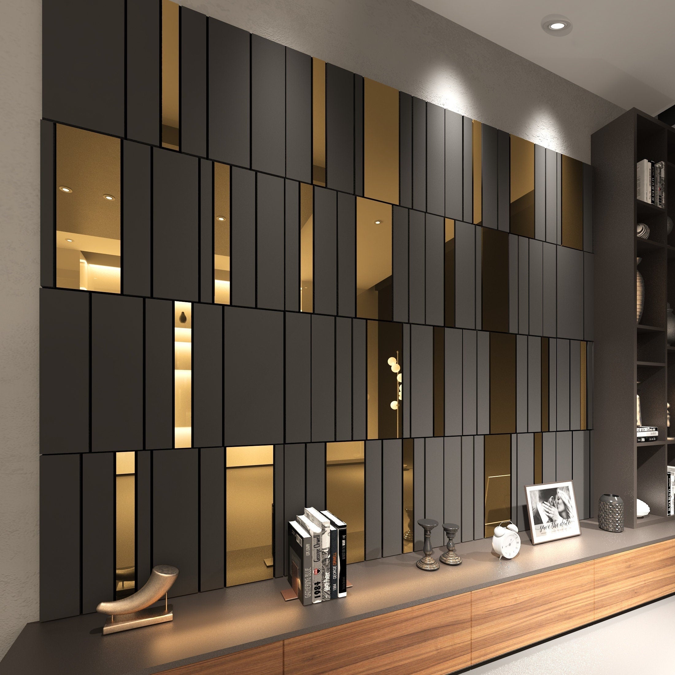 Dark Grey and Gold Mirror Decorative Panels, 3D Wall Panels, Easy Installation, SKU:GGSS-0