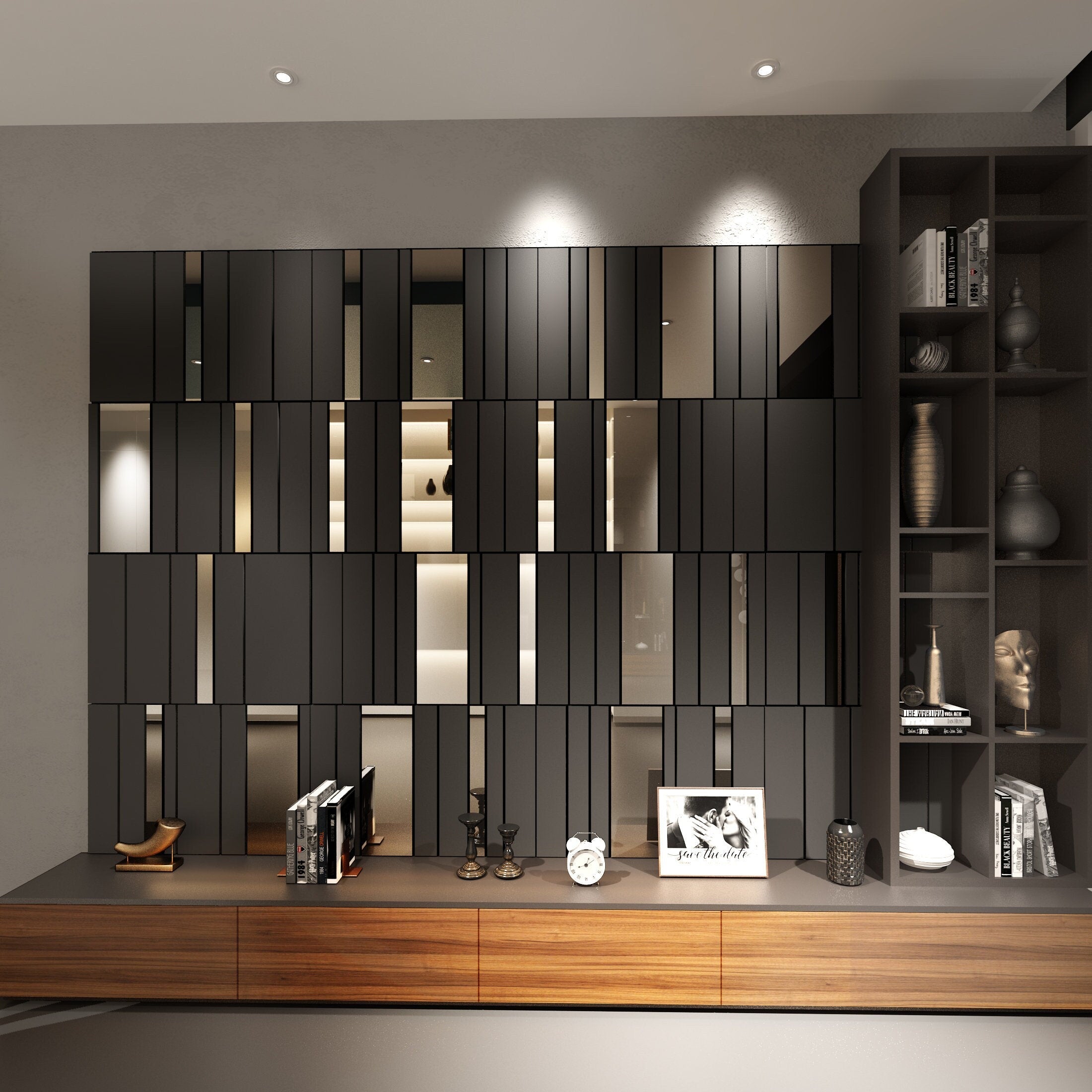 Dark Grey and Silver Mirror Decorative Panels, 3D Wall Panels, Easy Installation, SKU:GSIS-3