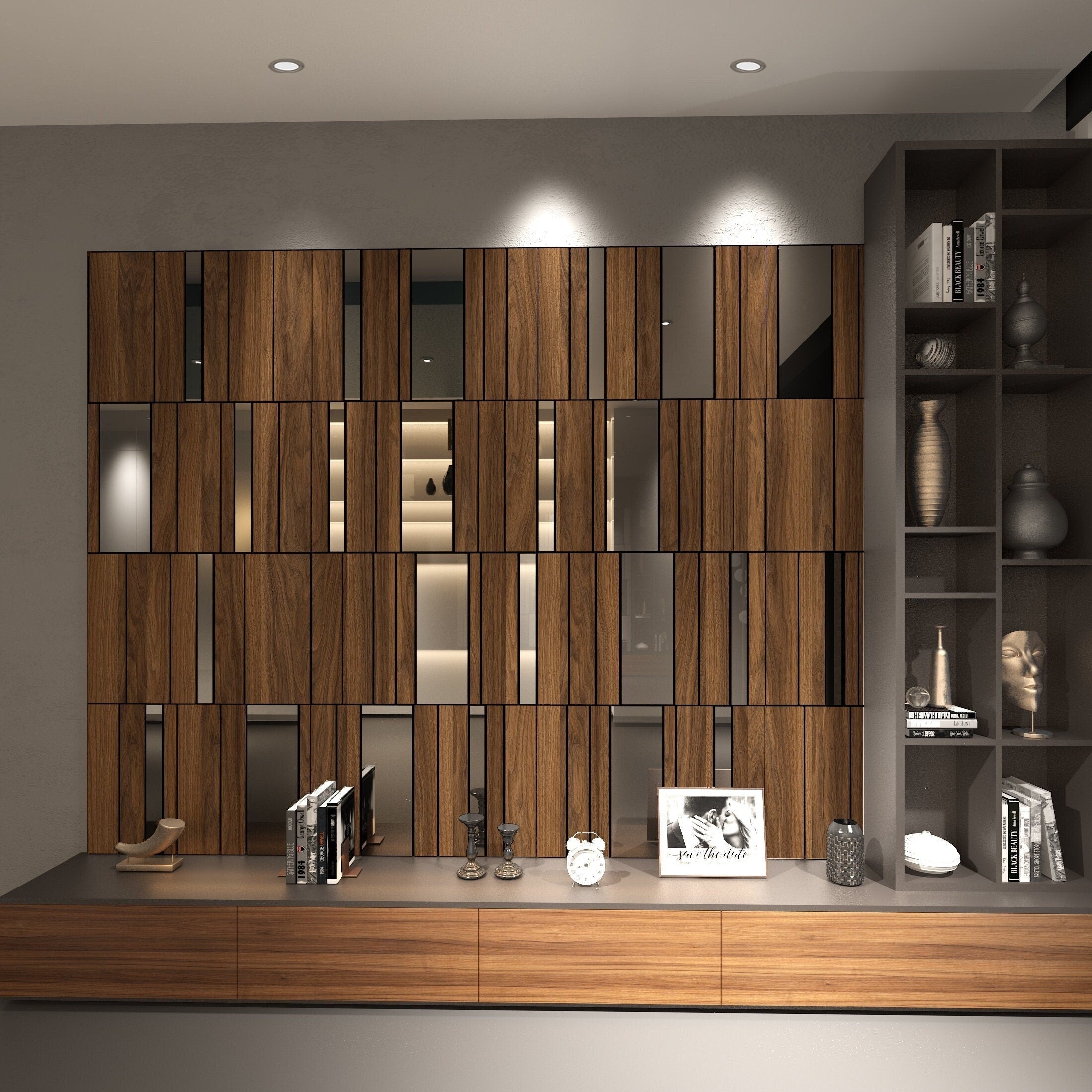 Dark Wood and Silver Mirror Decorative Panels, Wood Slat Wall Panel, 3D Wall Panels, Easy Installation, SKU:DAIS-0