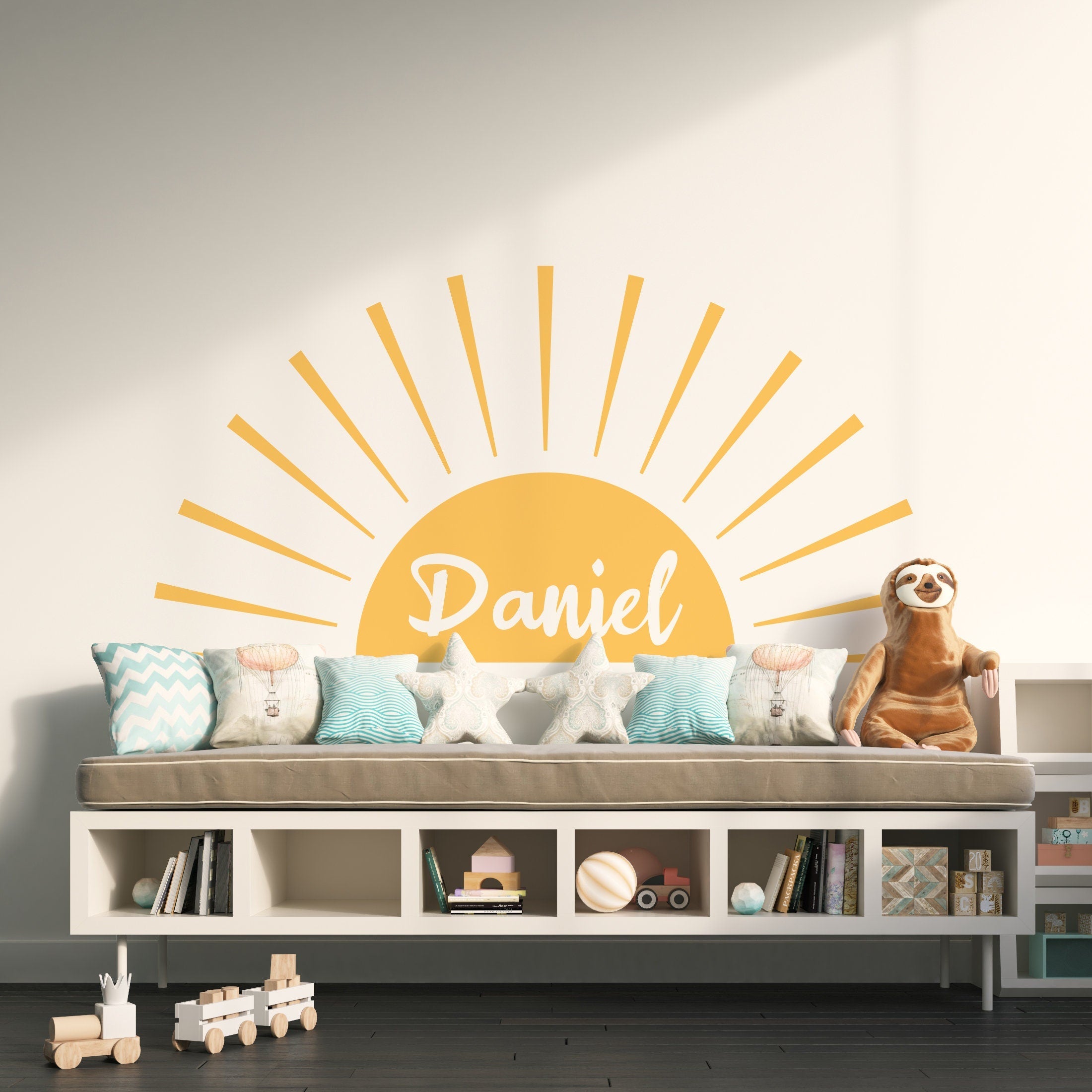 Rising Sun with Custom Name Wall Decal, Half Sun, Scandinavian Nursery, Boho Sun Nursery Decor, Sunshine, Sunrise, SKU:CSNM-2