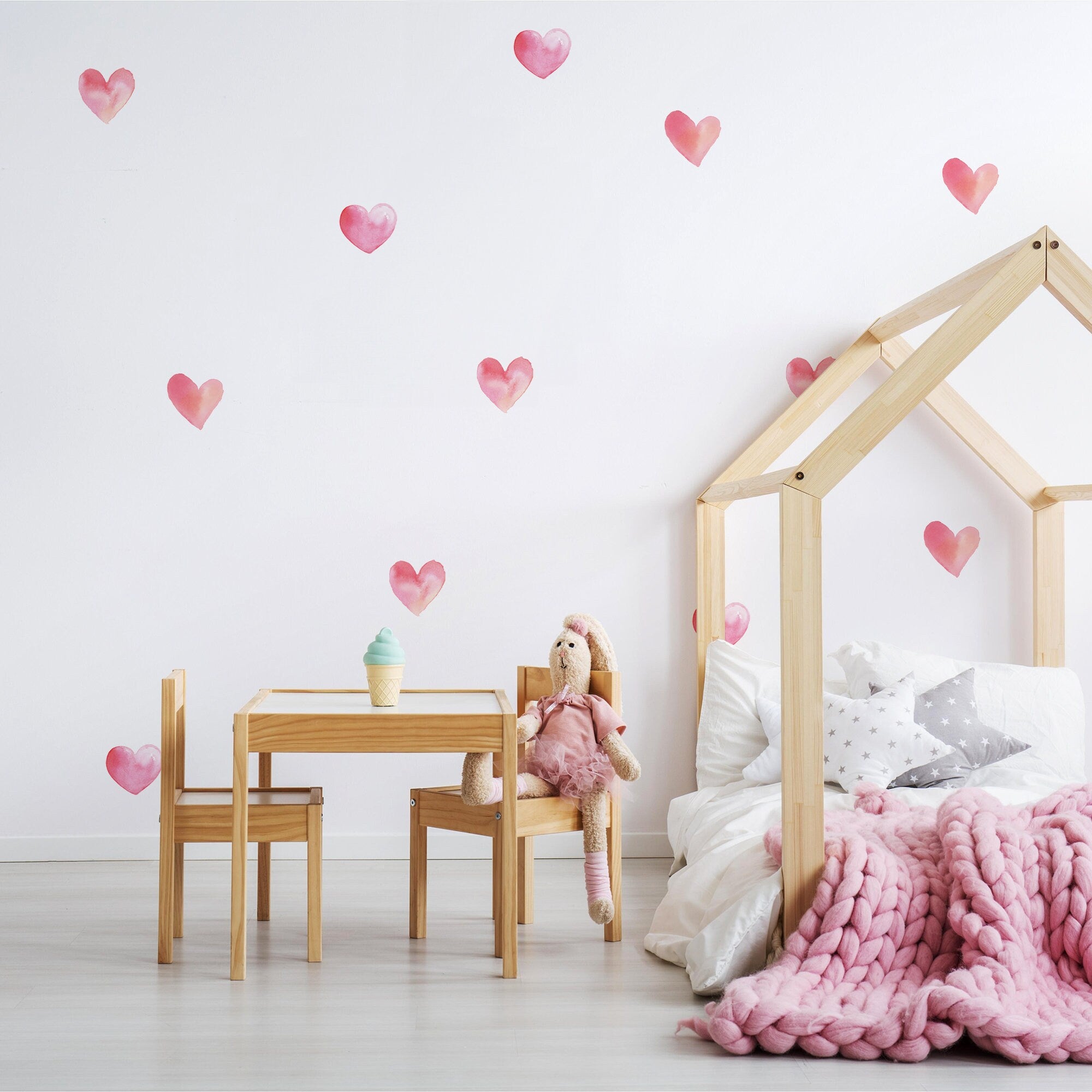 Watercolor Hearts Wall Decal, Nursery Stickers, Pink, Kids Wall Stickers, SKU:EART-1