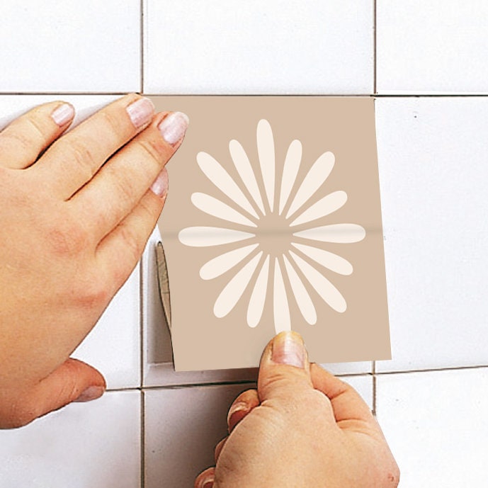 Beige Boho Flower Tile Stickers, Suitable for Wall and Floor, Peel & Stick, Removable Tile Sticker, Pack of 10, SKU:BEFW-3