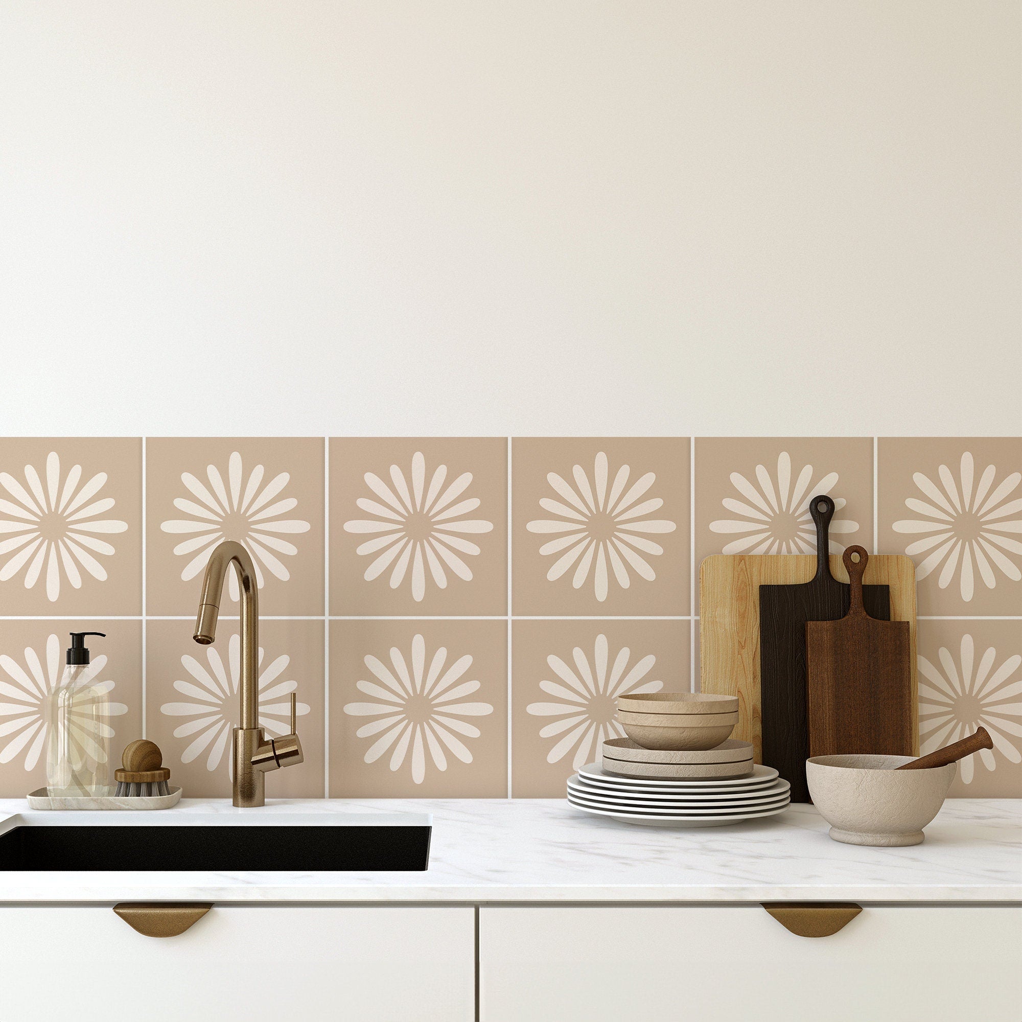 Beige Boho Flower Tile Stickers, Suitable for Wall and Floor, Peel & Stick, Removable Tile Sticker, Pack of 10, SKU:BEFW-1