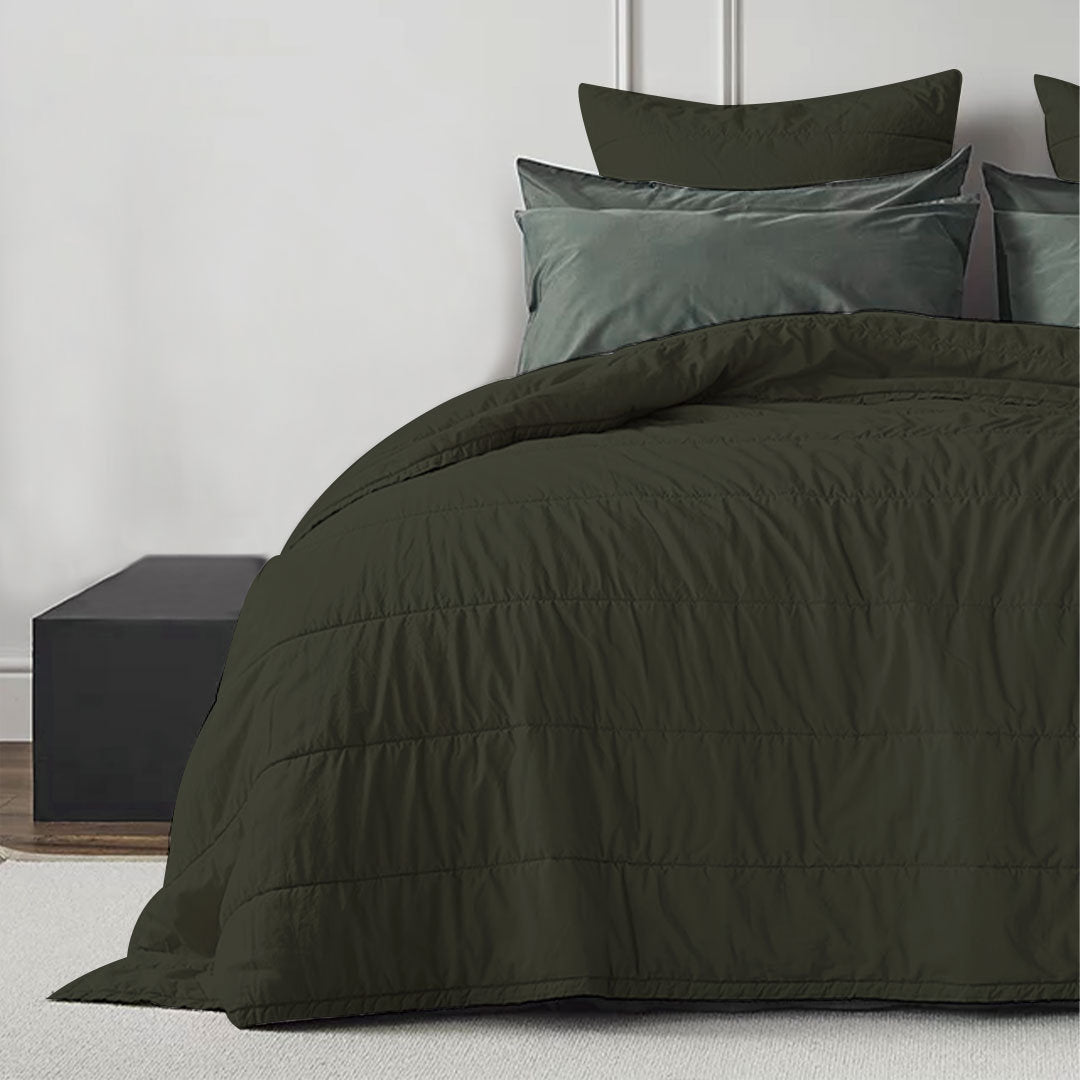 MossGreen - 3Piece | Quilt Bedding with Pillowcases | Lightweight Blanket | Cotton Filling | PureCottonSateen, PureLinen or LinenCottonMix-0