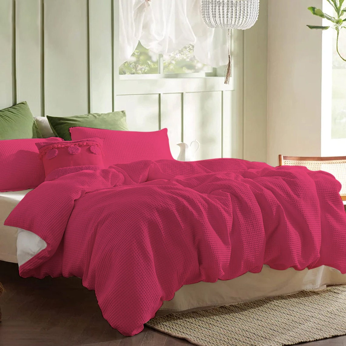 Hot Pink - Waffle Weave | Pure Cotton, Pure Linen or Linen Cotton Mix | 3 Piece Duvet Cover Set | Handmade | Pre-washed | Soft-2