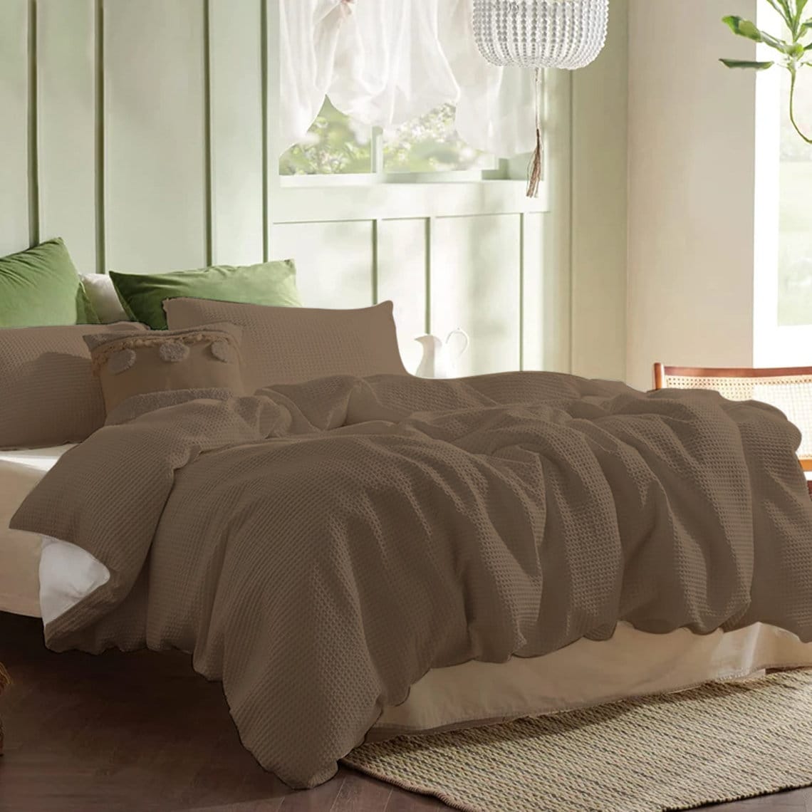 Dusty Brown - Waffle Weave | Pure Cotton, Pure Linen or Linen Cotton Mix | 3 Piece Duvet Cover Set | Handmade | Pre-washed | Soft-0