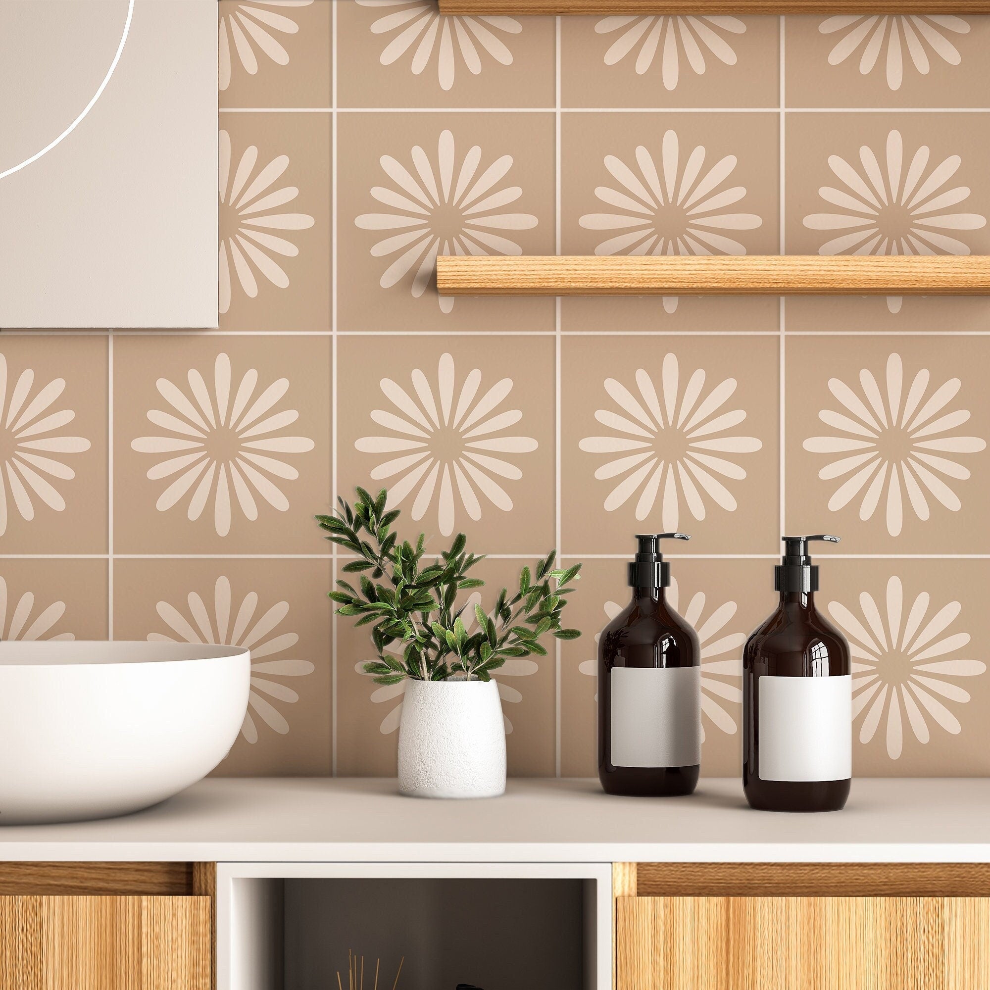 Beige Boho Flower Tile Stickers, Suitable for Wall and Floor, Peel & Stick, Removable Tile Sticker, Pack of 10, SKU:BEFW-0