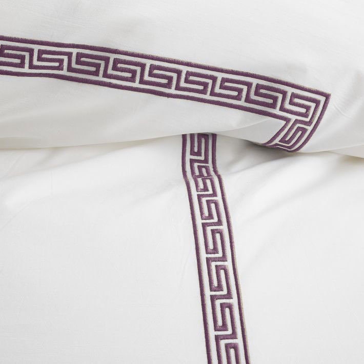 White with Grape Purple - Cotton Sateen, Pure Linen, Linen Cotton Mix | 3 Piece Embroidered Edge Duvet Cover Set | Handmade | Pre-washed-1