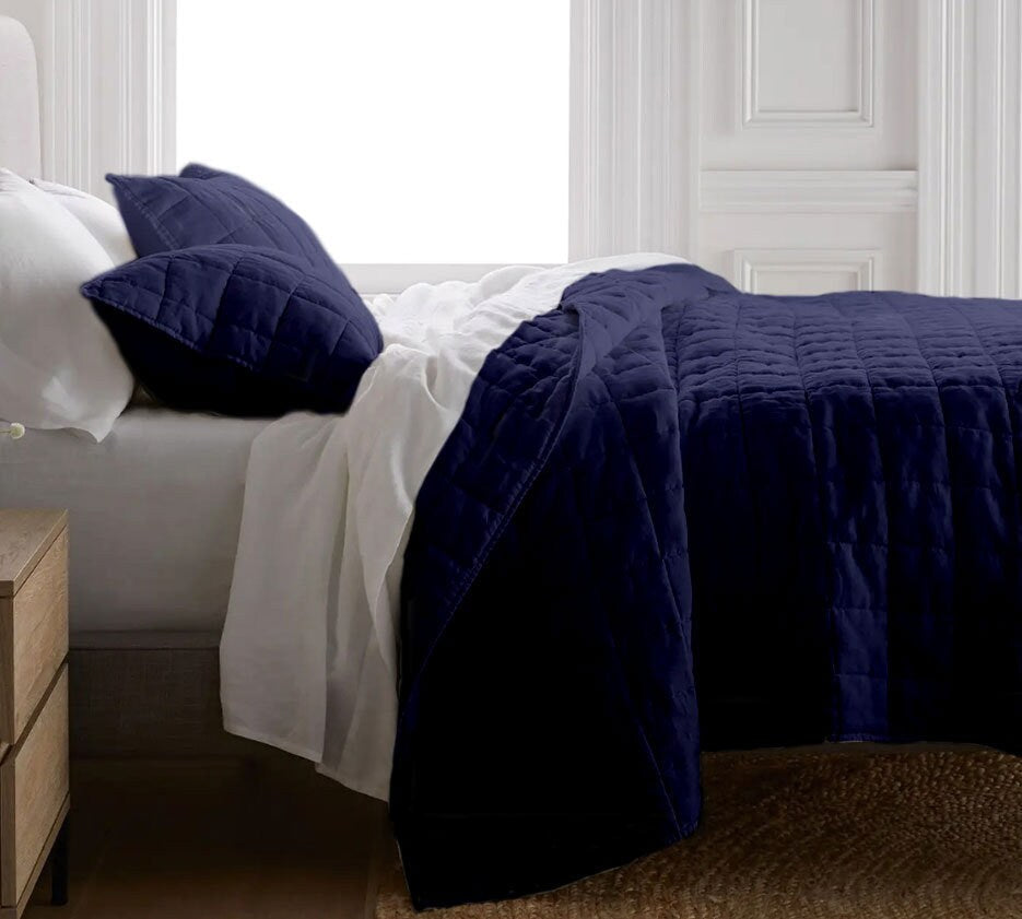 Navy Blue - 3-Piece Quilt Bedding with Pillowcases | Lightweight Blanket | Cotton Filling | PureCottonSateen, PureLinen or LinenCottonMix-1