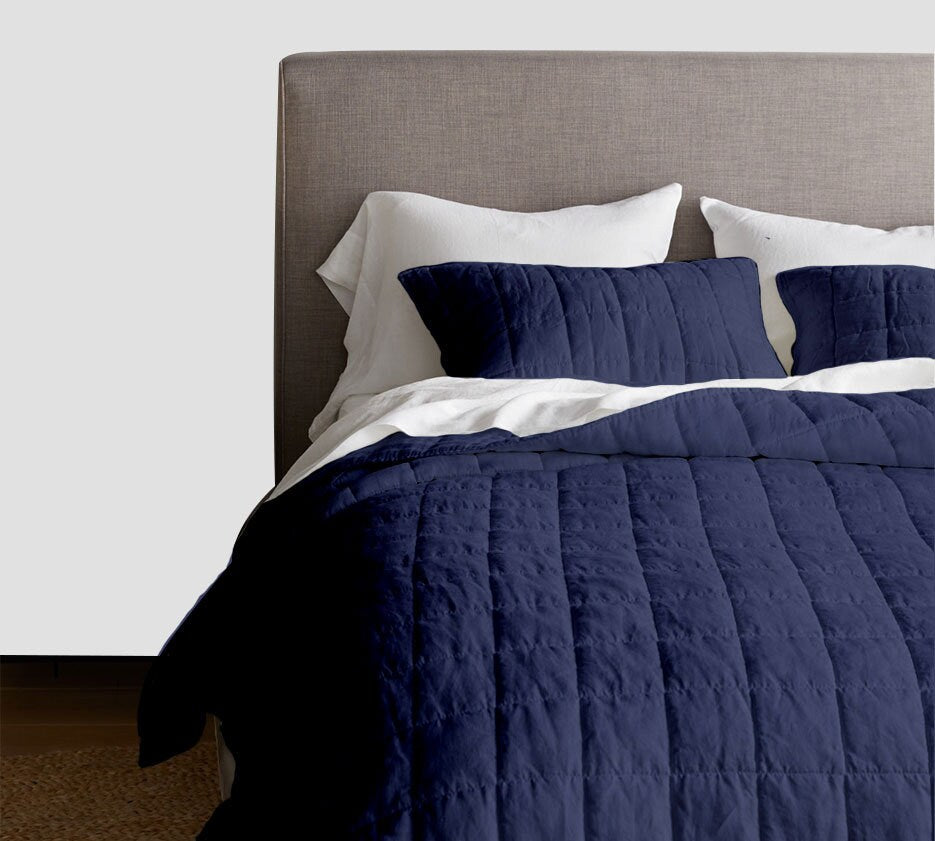 Navy Blue - 3-Piece Quilt Bedding with Pillowcases | Lightweight Blanket | Cotton Filling | PureCottonSateen, PureLinen or LinenCottonMix-2