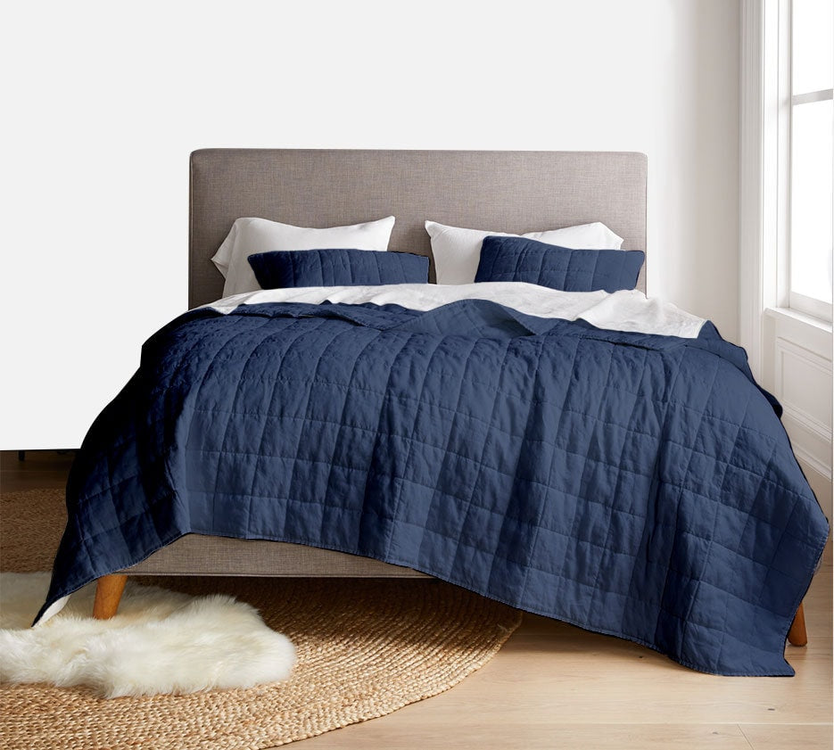 Navy Blue - 3-Piece Quilt Bedding with Pillowcases | Lightweight Blanket | Cotton Filling | PureCottonSateen, PureLinen or LinenCottonMix-0