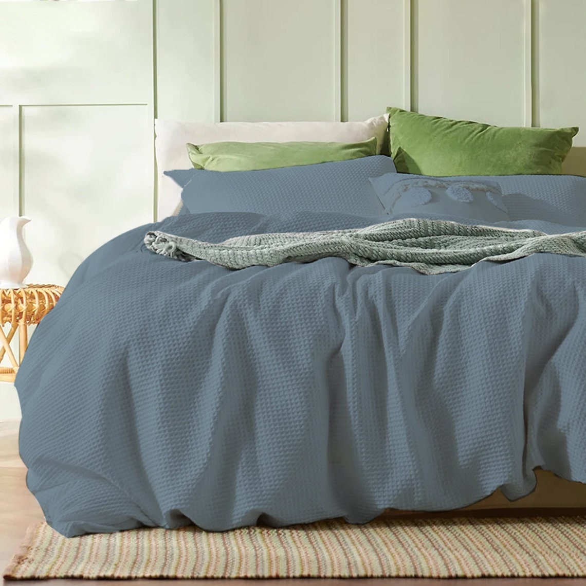 Teal Blue - Waffle Weave | Pure Cotton, Pure Linen or Linen Cotton Mix | 3 Piece Duvet Cover Set | Handmade | Pre-washed | Soft-0