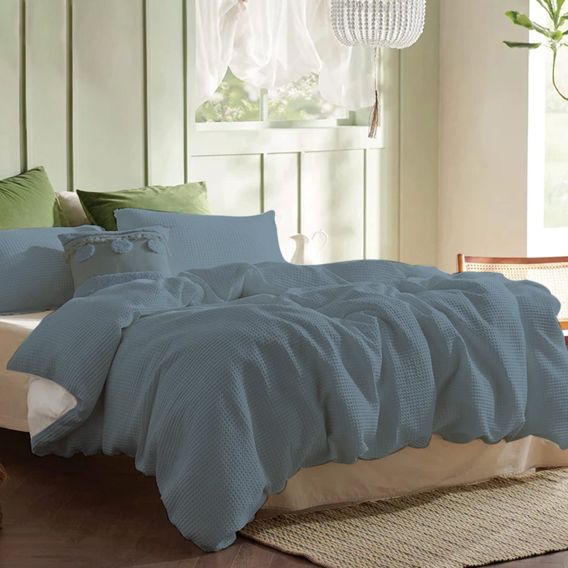 Teal Blue - Waffle Weave | Pure Cotton, Pure Linen or Linen Cotton Mix | 3 Piece Duvet Cover Set | Handmade | Pre-washed | Soft-1